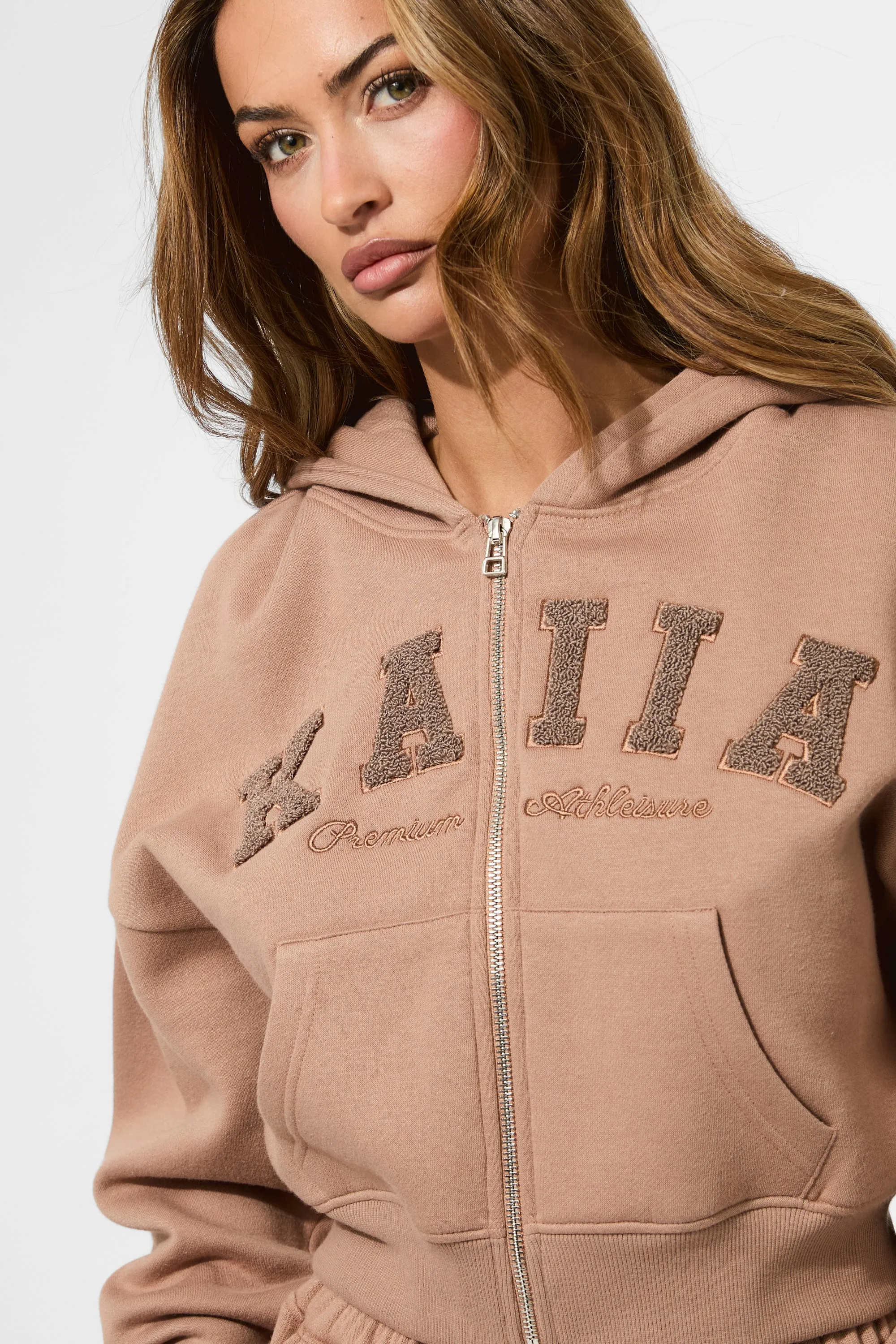 Kaiia Slogan Zip Through Cropped Hoodie Latte sold by Kaiia the label product image thumbnail 3