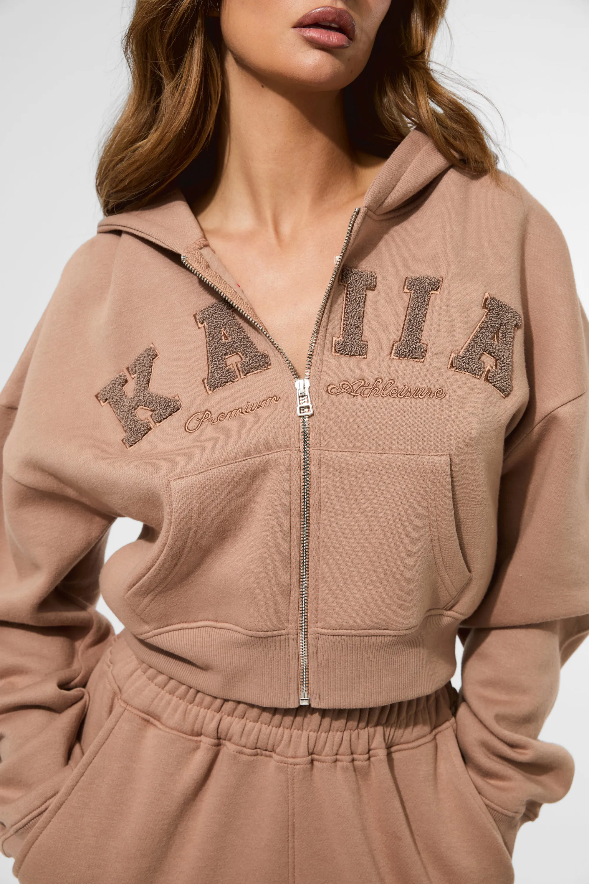 Kaiia Slogan Zip Through Cropped Hoodie Latte sold by Kaiia the label product image thumbnail 5