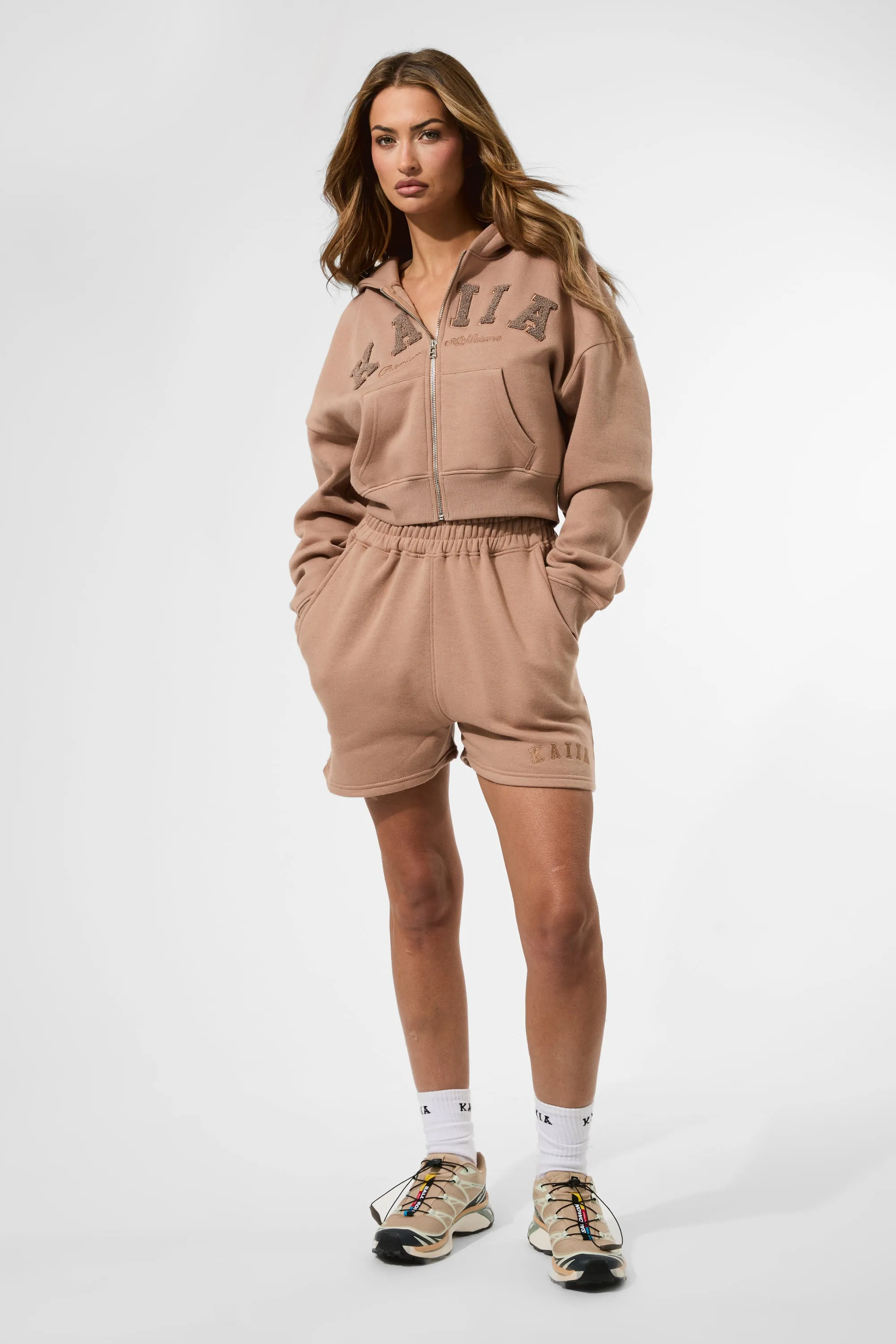 Kaiia Slogan Zip Through Cropped Hoodie Latte sold by Kaiia the label product image thumbnail 4