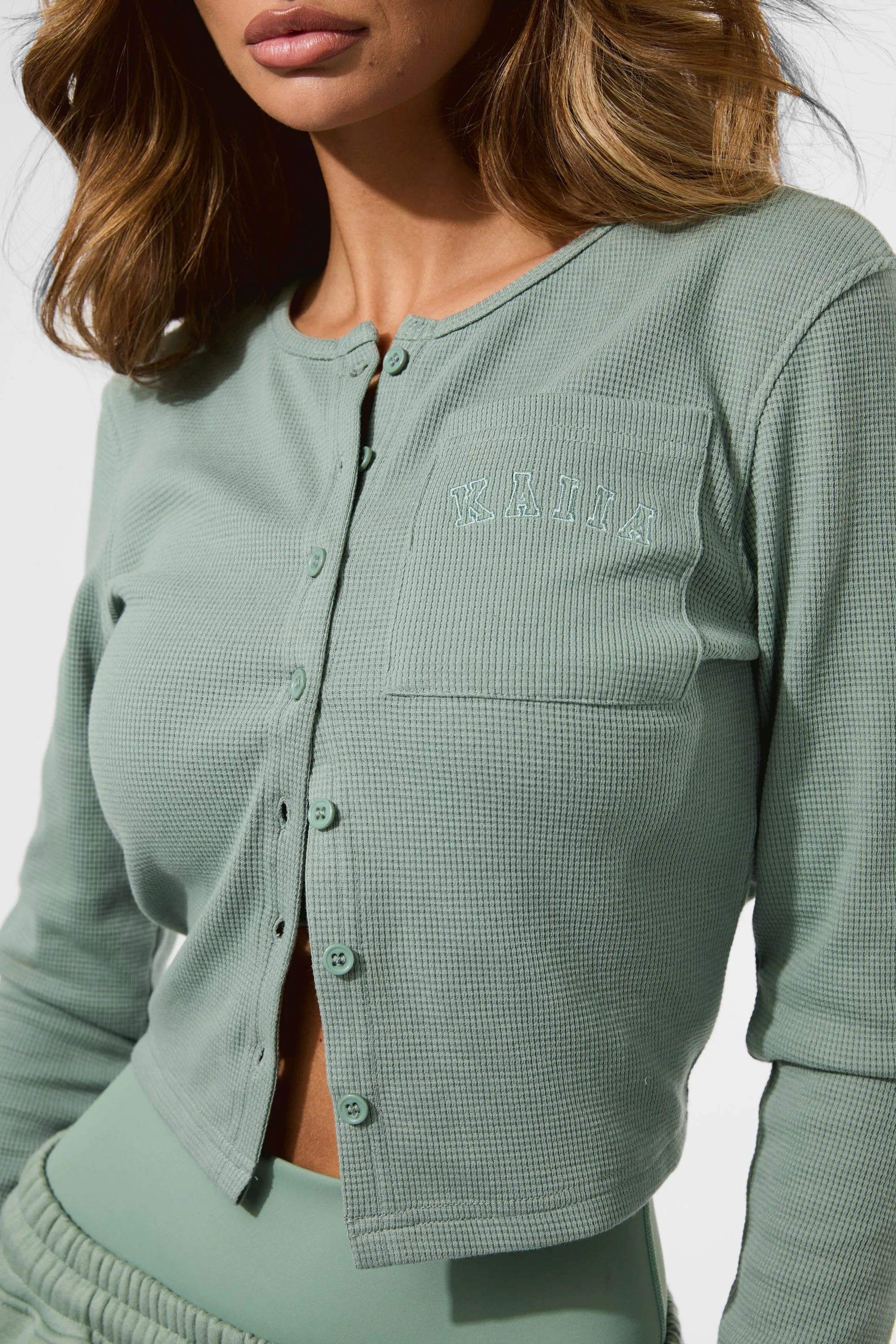 Kaiia Waffle Button Up Long Sleeve Top Green Tea sold by Kaiia the label product image thumbnail 2