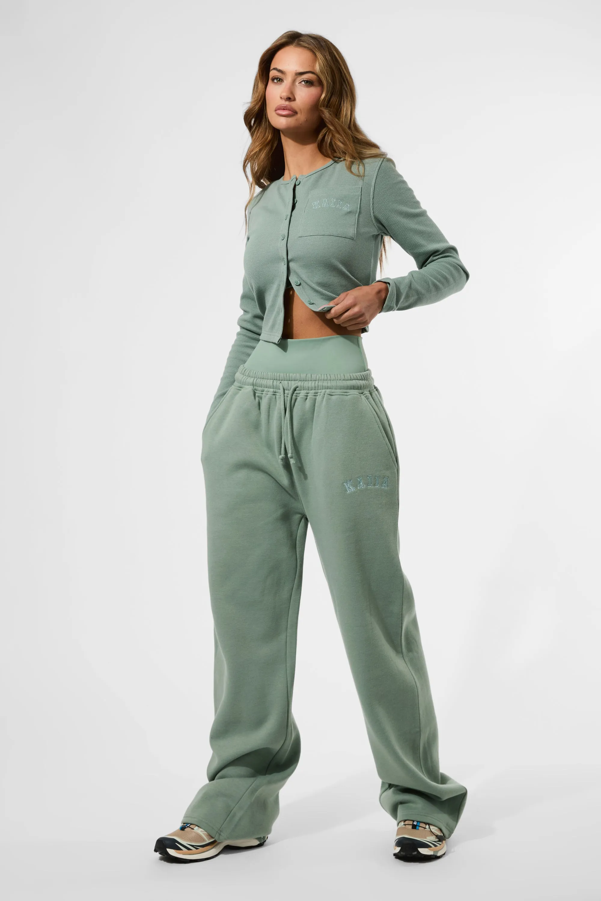 Kaiia Waffle Button Up Long Sleeve Top Green Tea sold by Kaiia the label product image thumbnail 5