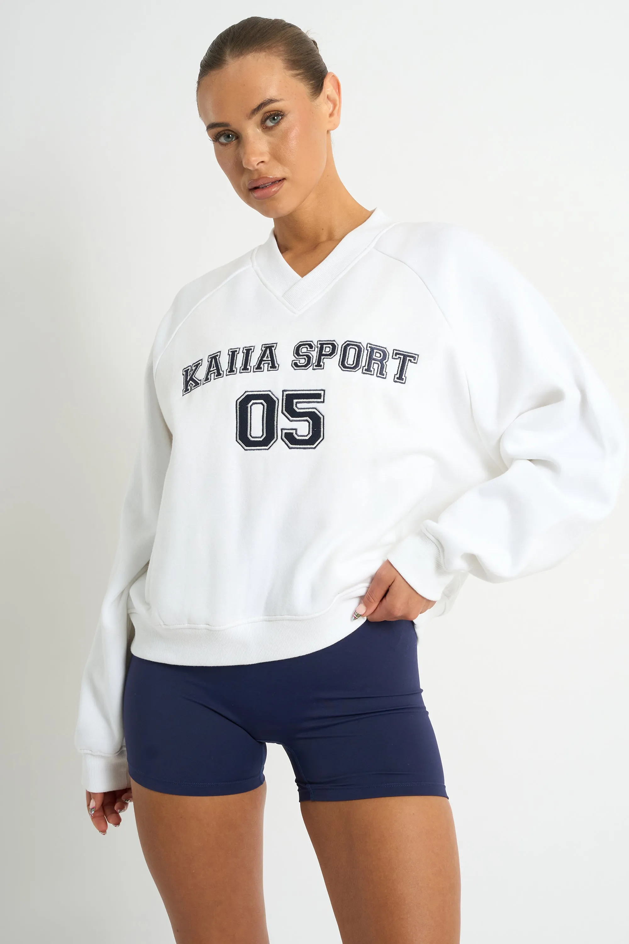 Kaiia Sport V Neck Oversized Sweatshirt White & Navy sold by Kaiia the label product image thumbnail 4