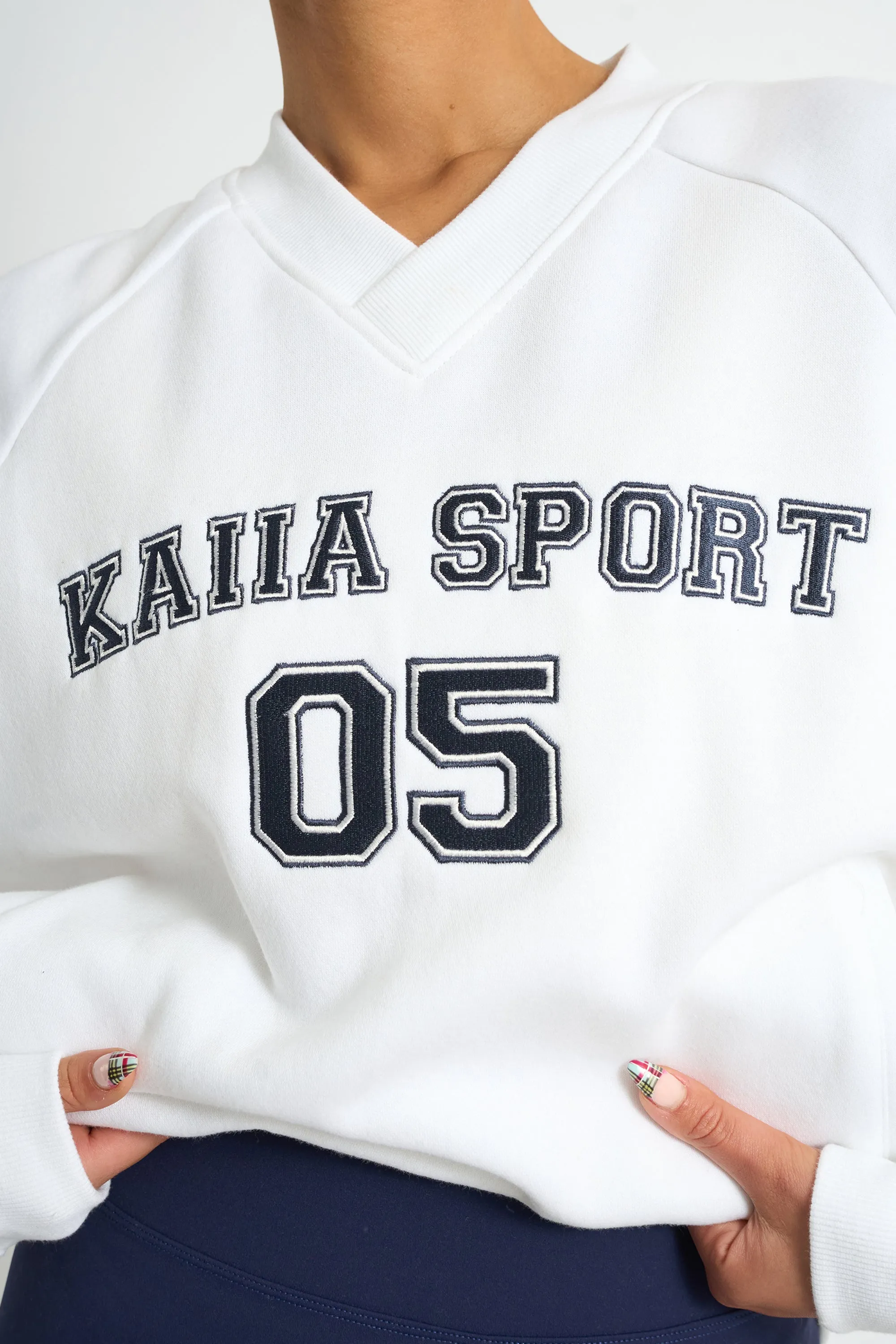 Kaiia Sport V Neck Oversized Sweatshirt White & Navy sold by Kaiia the label product image thumbnail 5