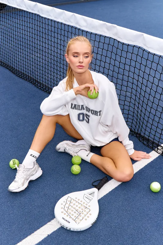 Kaiia Sport V Neck Oversized Sweatshirt White & Navy made by Kaiia the label