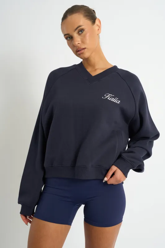 Kaiia Script V Neck Oversized Sweatshirt Navy & Yellow made by Kaiia the label