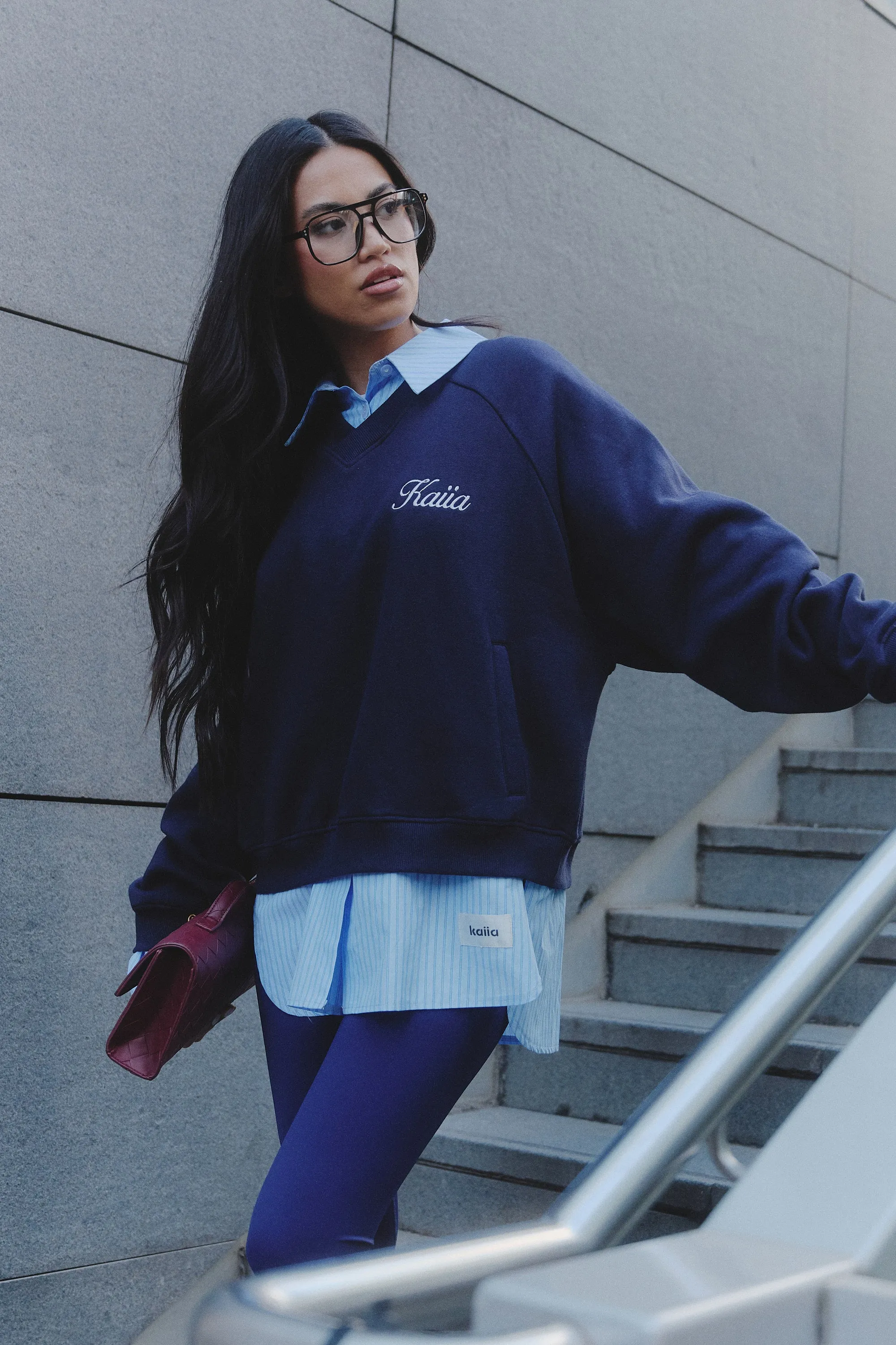 Kaiia Script V Neck Oversized Sweatshirt Navy & Yellow sold by Kaiia the label product image thumbnail 5