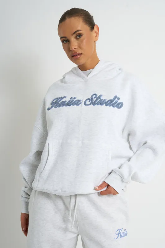Kaiia Borg Script Logo Oversized Hoodie Light Grey Marl & Vintage Blue made by Kaiia the label