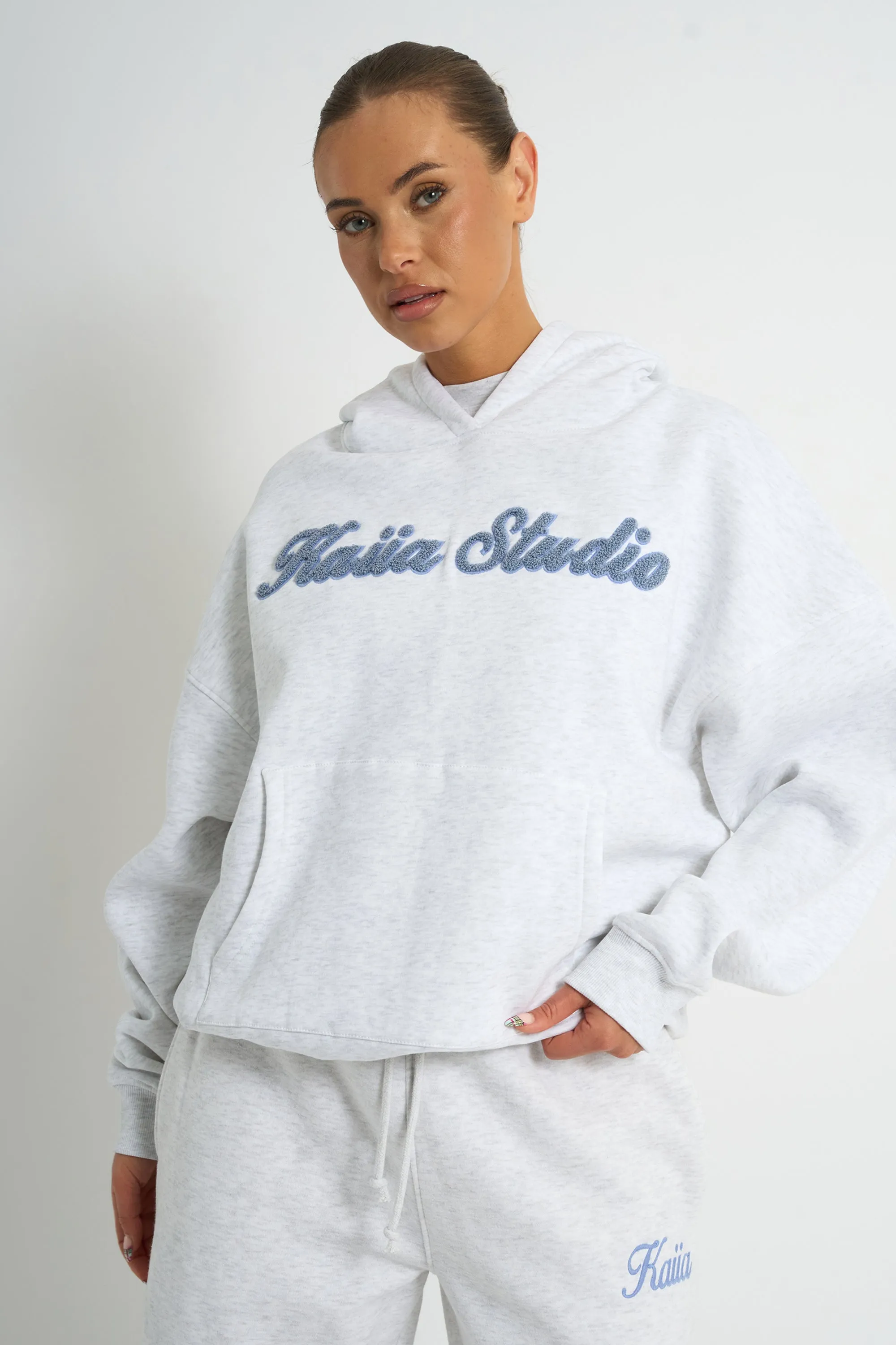 Kaiia Borg Script Logo Oversized Hoodie Light Grey Marl & Vintage Blue sold by Kaiia the label