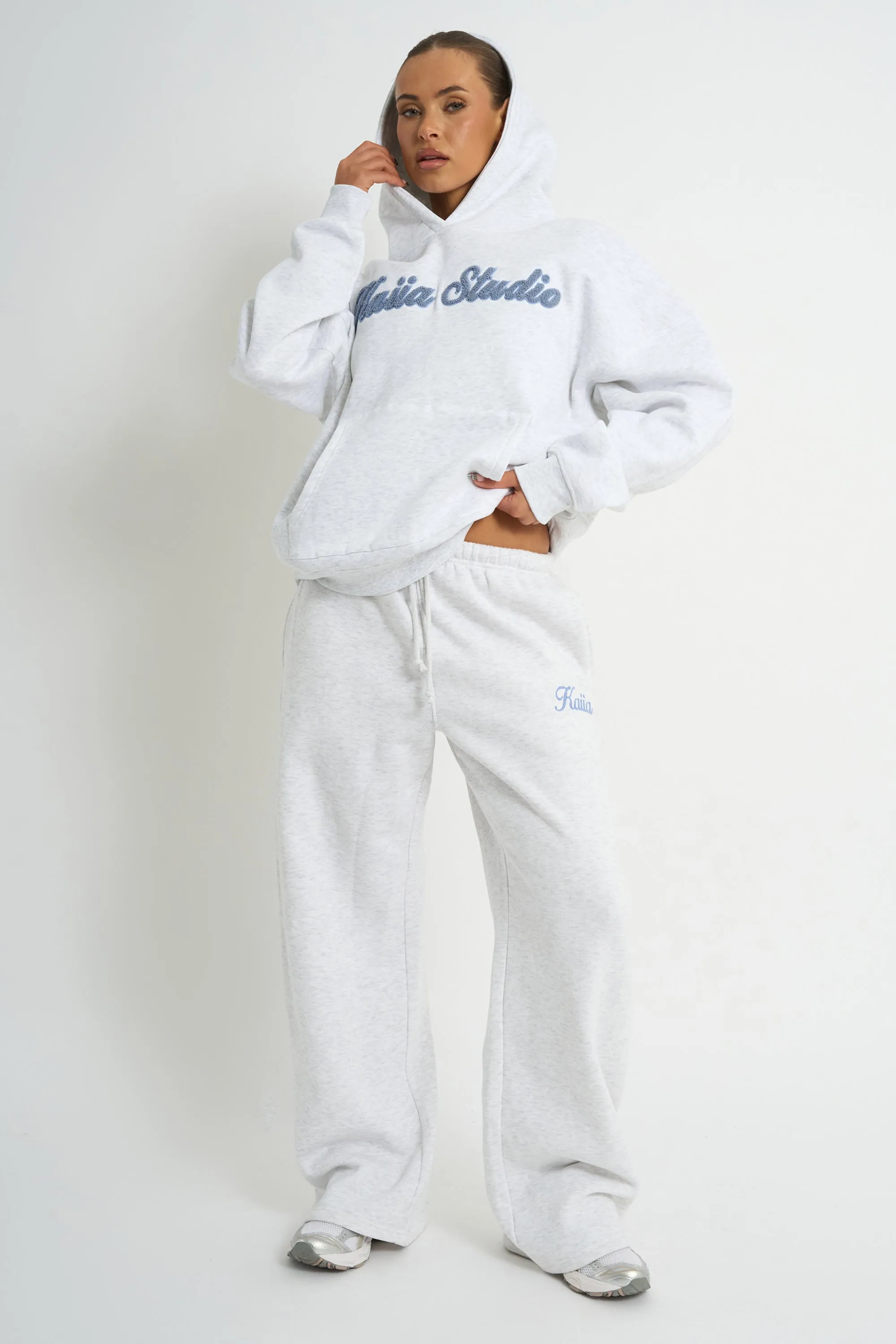 Kaiia Borg Script Logo Oversized Hoodie Light Grey Marl & Vintage Blue sold by Kaiia the label product image thumbnail 3