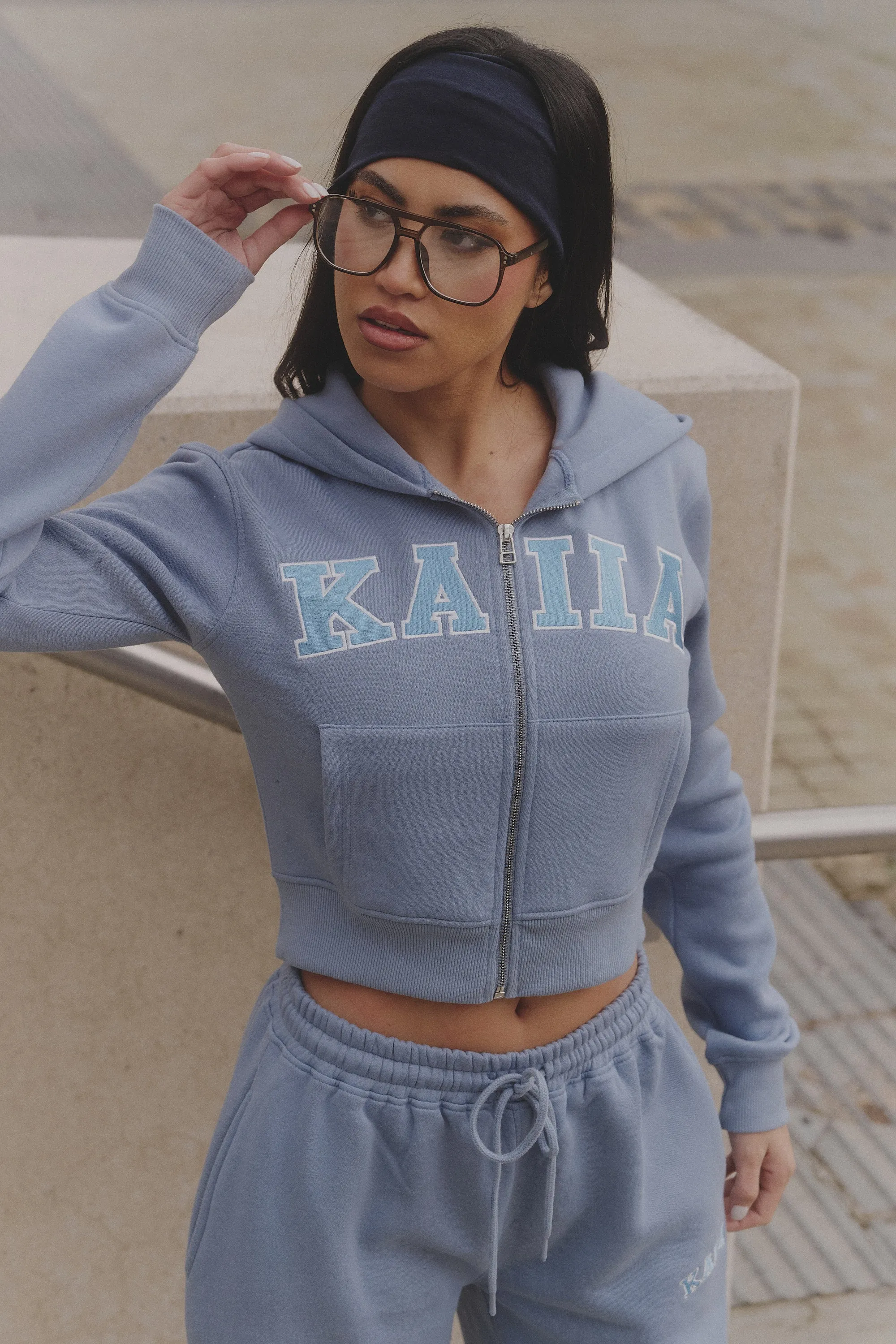 Kaiia Slogan Zip Through Cropped Hoodie Vintage Blue sold by Kaiia the label product image thumbnail 5