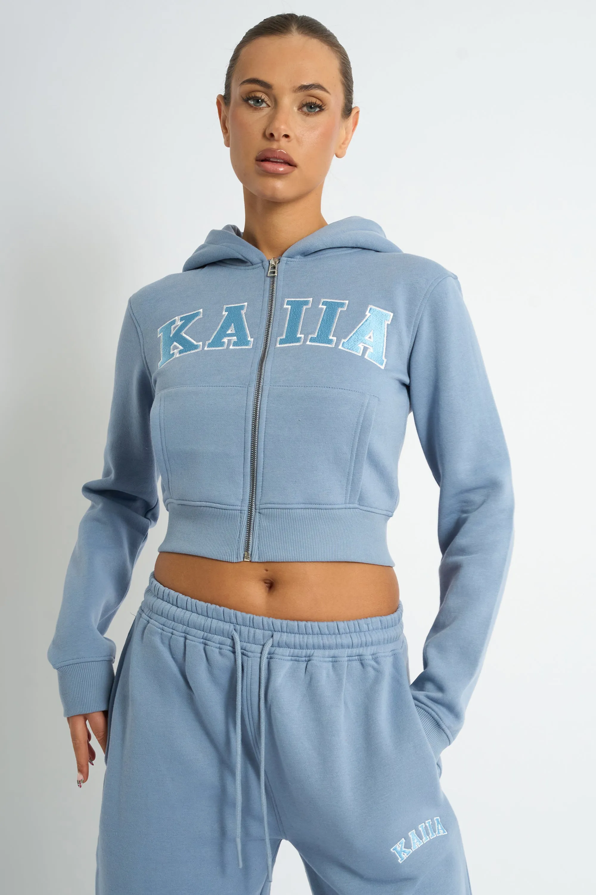 Kaiia Slogan Zip Through Cropped Hoodie Vintage Blue sold by Kaiia the label
