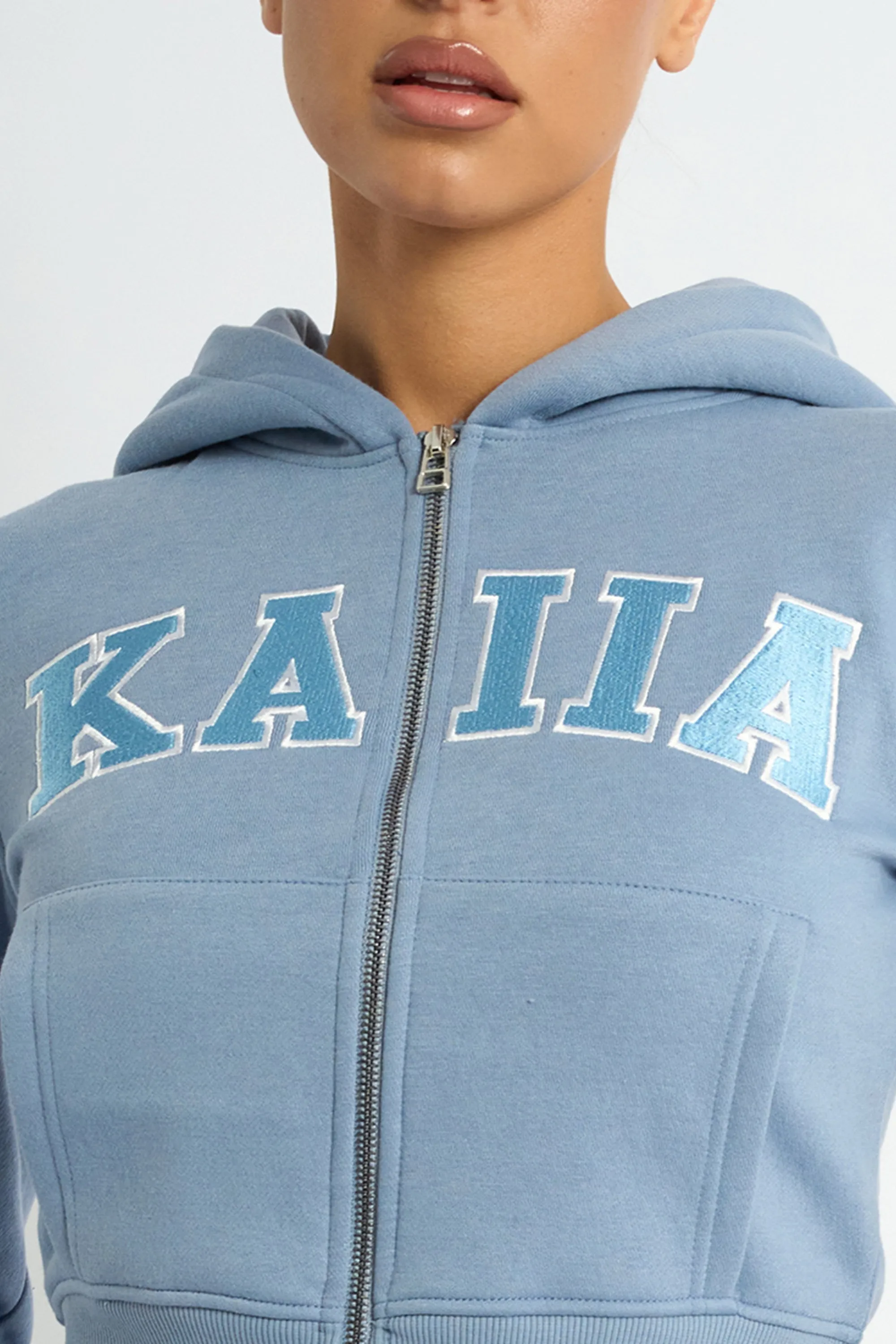 Kaiia Slogan Zip Through Cropped Hoodie Vintage Blue sold by Kaiia the label product image thumbnail 4
