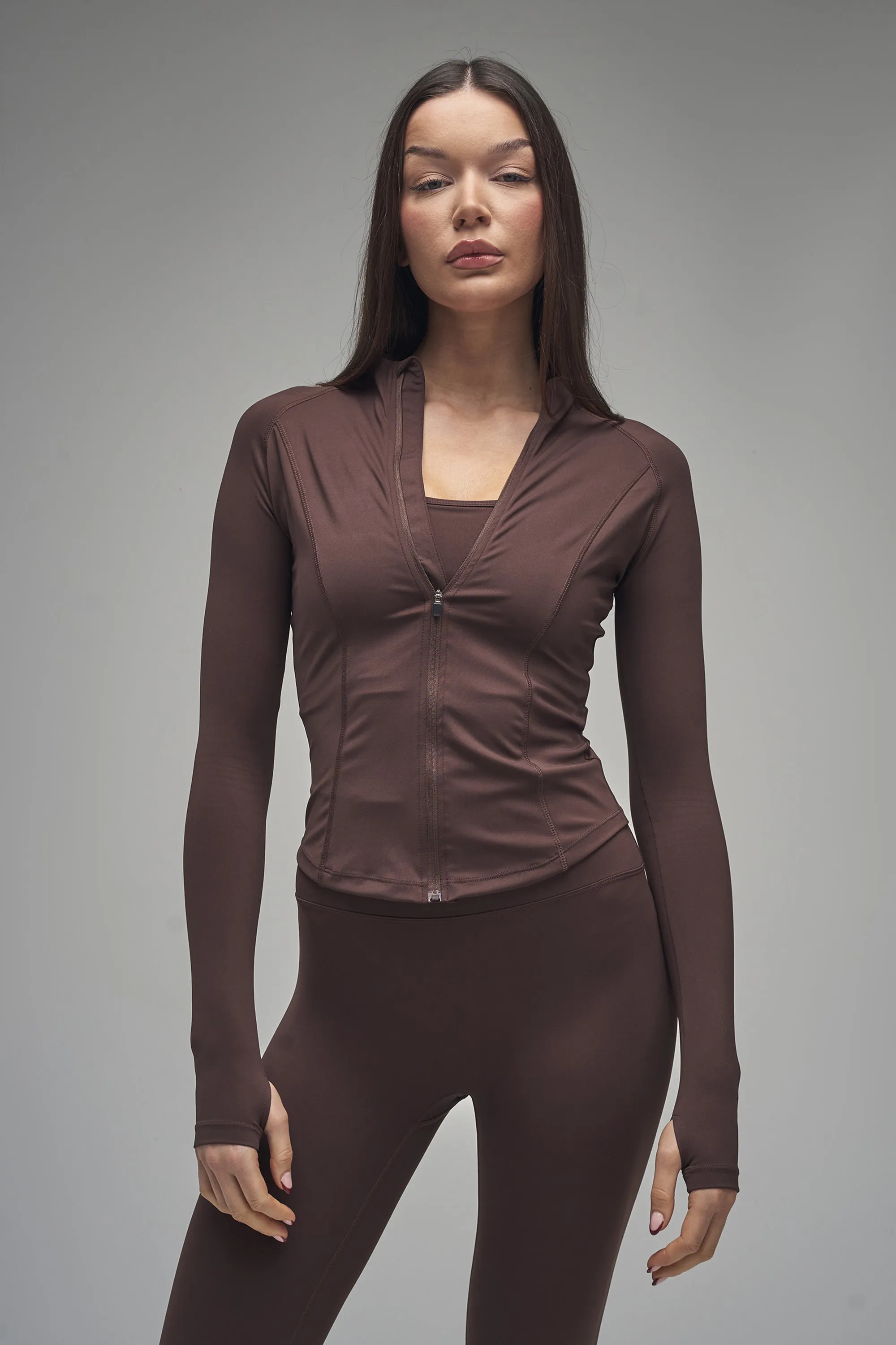 Kaiia Sculpt Long Sleeve Zip Through Fitted Jacket Brown sold by Kaiia the label