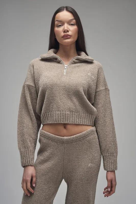 Kaiia Knit Fold Over Collar Quarter Zip Sweater Taupe made by Kaiia the label