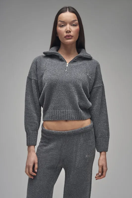 Kaiia Knit Fold Over Collar Quarter Zip Sweater Charcoal made by Kaiia the label