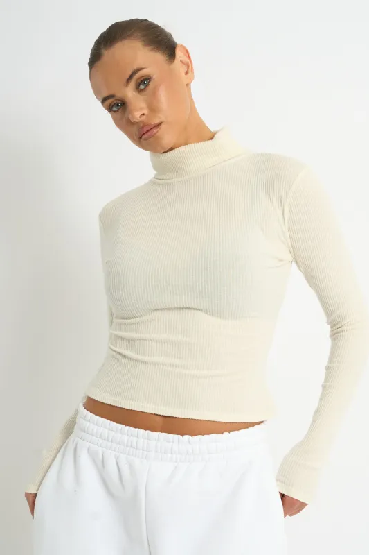 Kaiia Rib Roll Neck Long Sleeve Top Ivory made by Kaiia the label