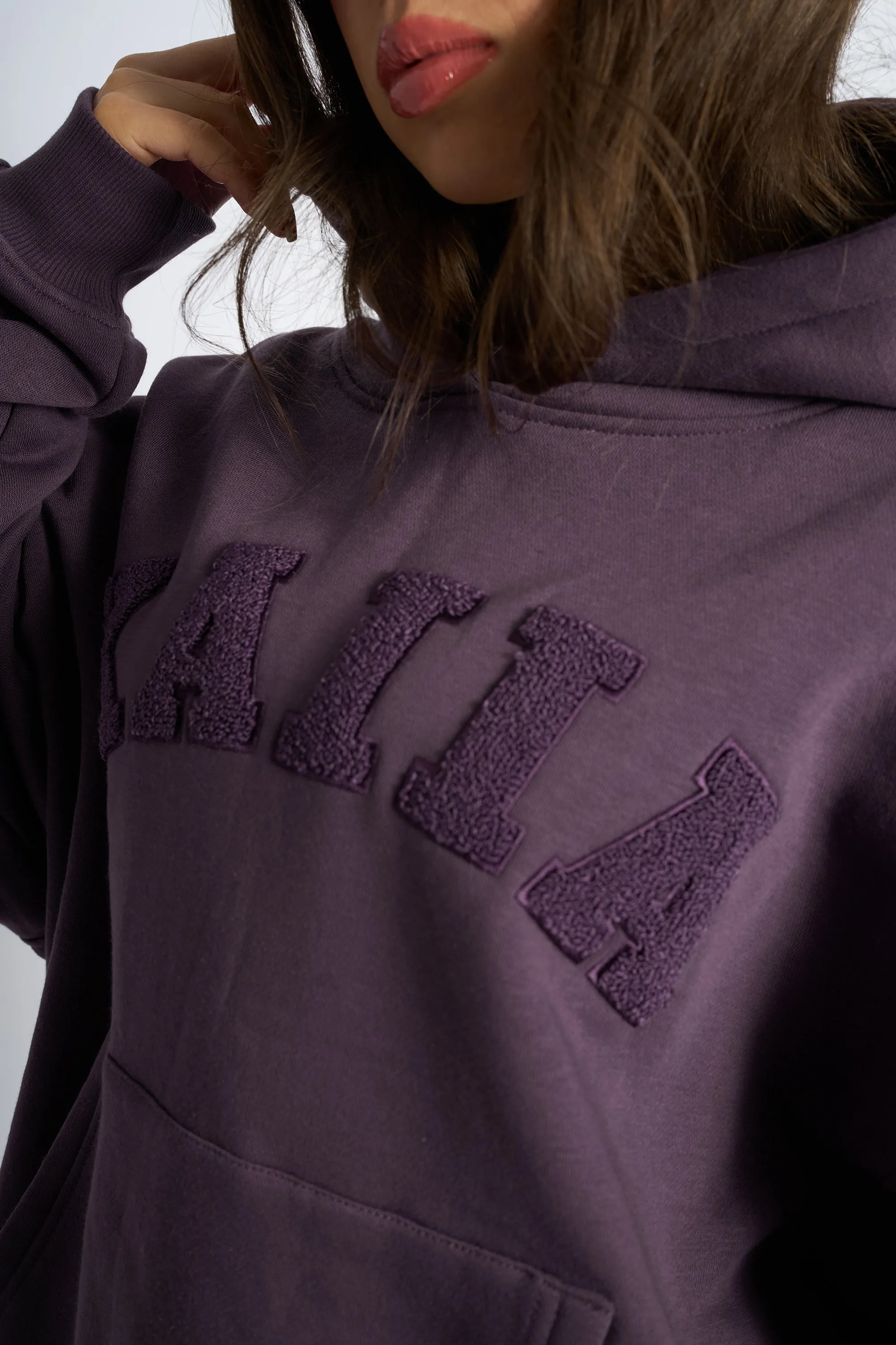 Kaiia Borg Slogan Oversized Hoodie Deep Purple sold by Kaiia the label product image thumbnail 4