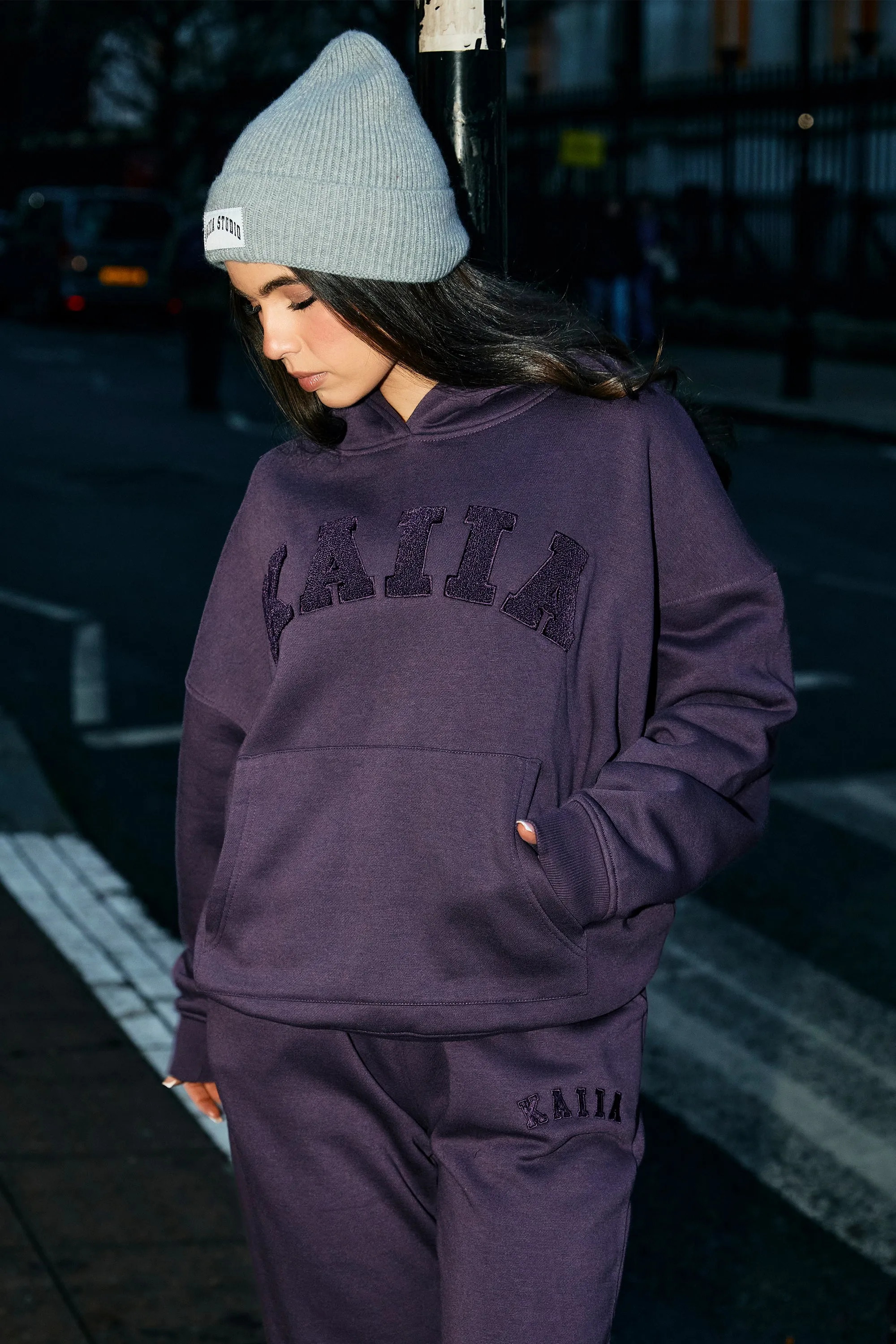 Kaiia Borg Slogan Oversized Hoodie Deep Purple sold by Kaiia the label product image thumbnail 5