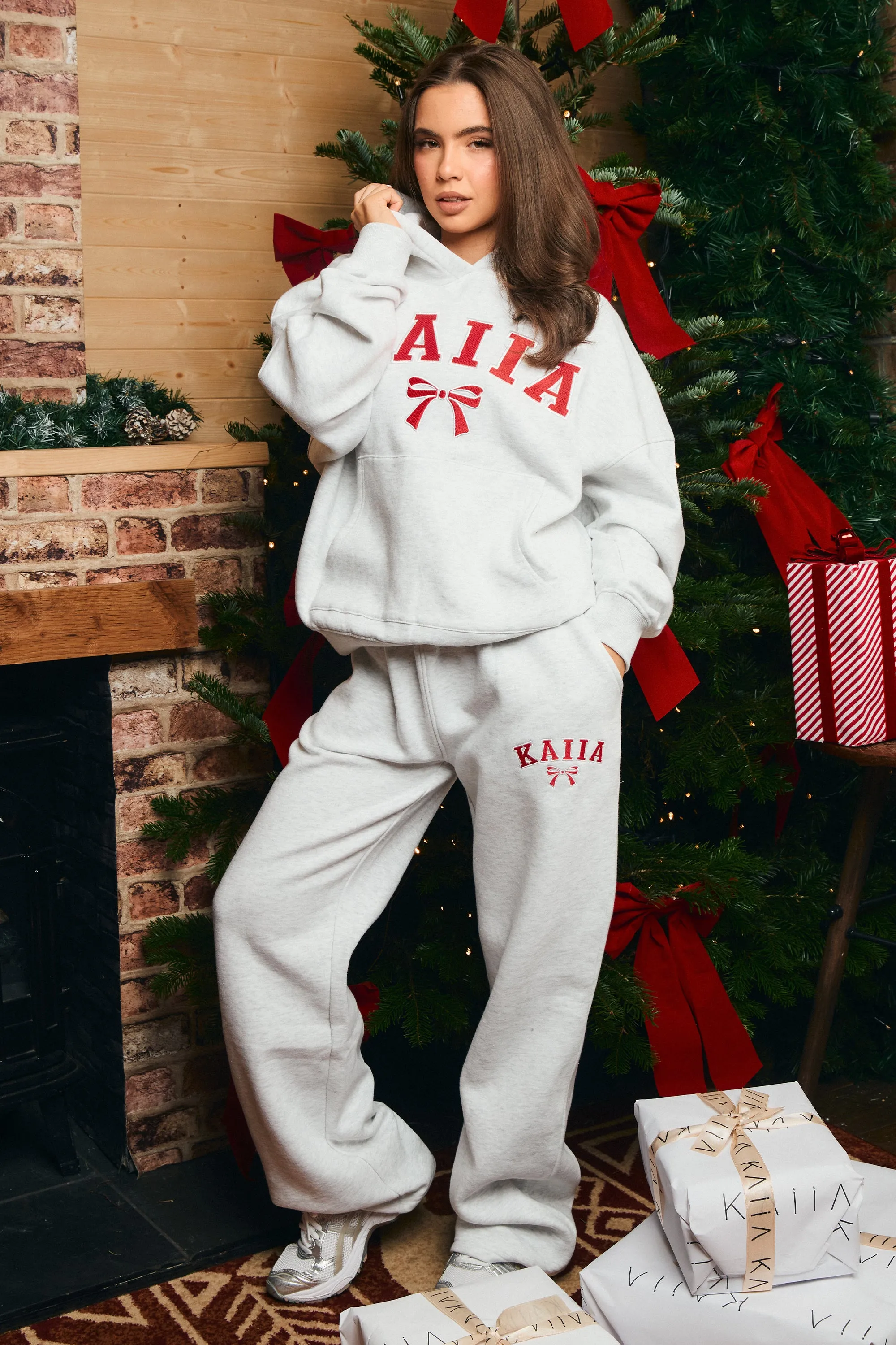 Kaiia Bow Embroidered Ribbed Waistband Wide Leg Joggers Light Grey Marl & Red sold by Kaiia the label product image thumbnail 5