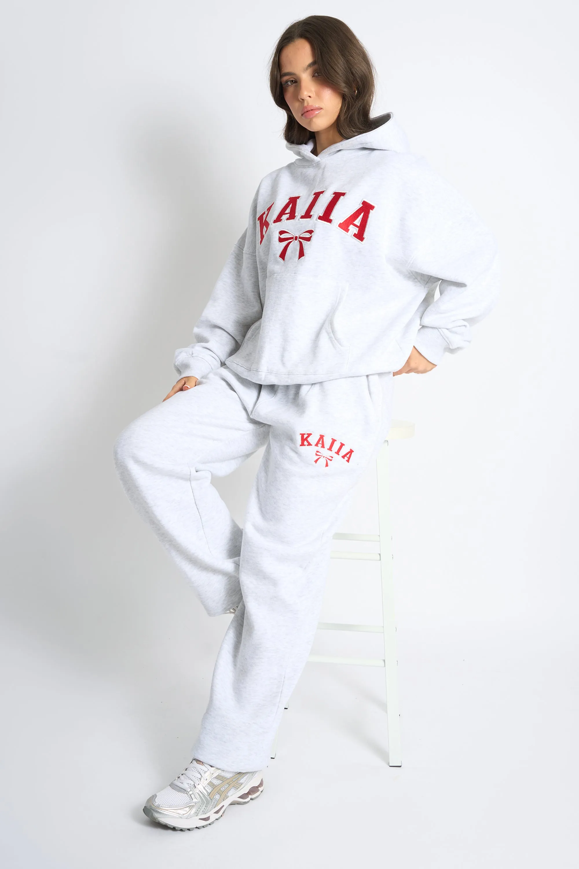 Kaiia Bow Embroidered Ribbed Waistband Wide Leg Joggers Light Grey Marl & Red sold by Kaiia the label