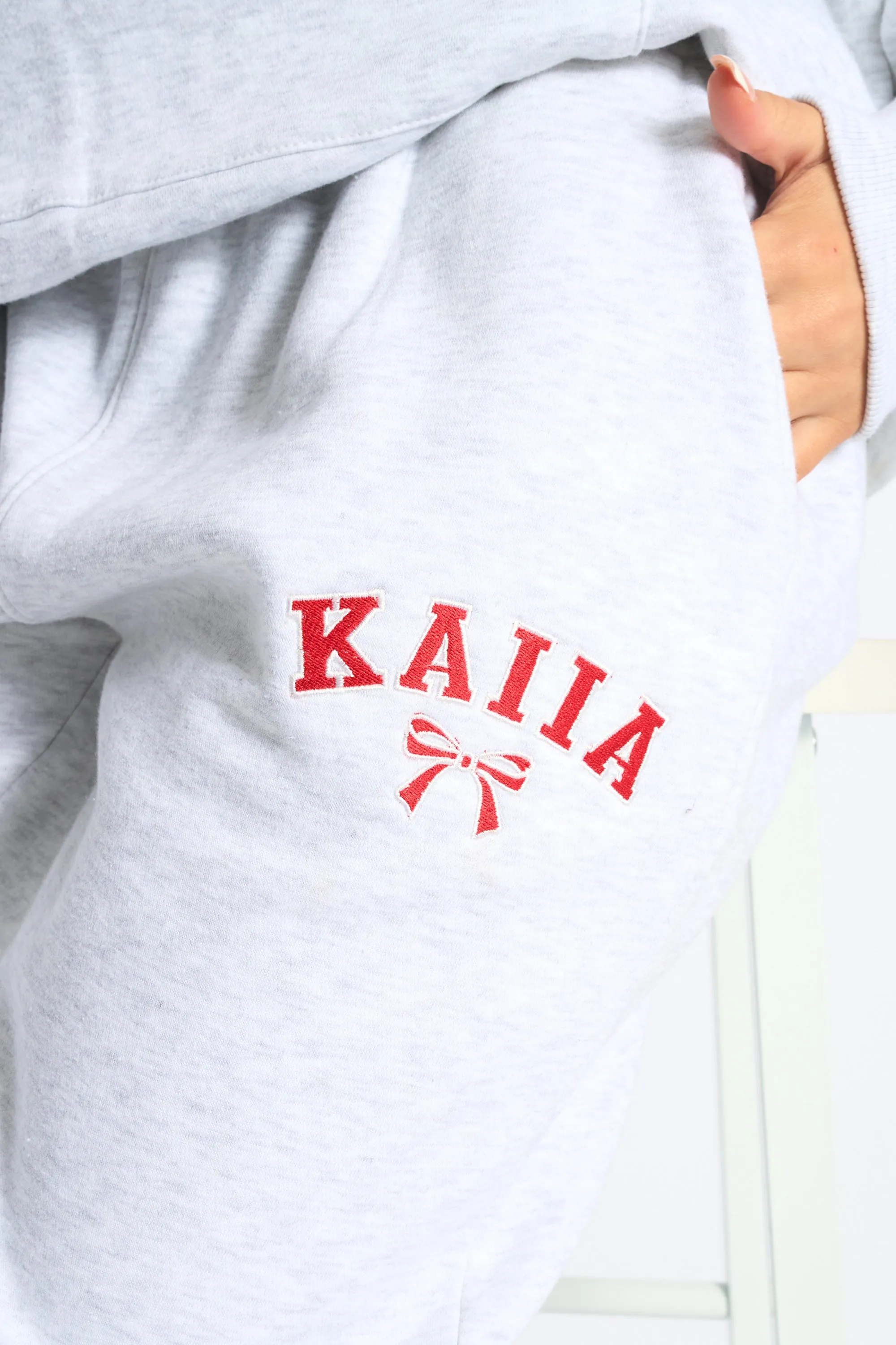 Kaiia Bow Embroidered Ribbed Waistband Wide Leg Joggers Light Grey Marl & Red sold by Kaiia the label product image thumbnail 4