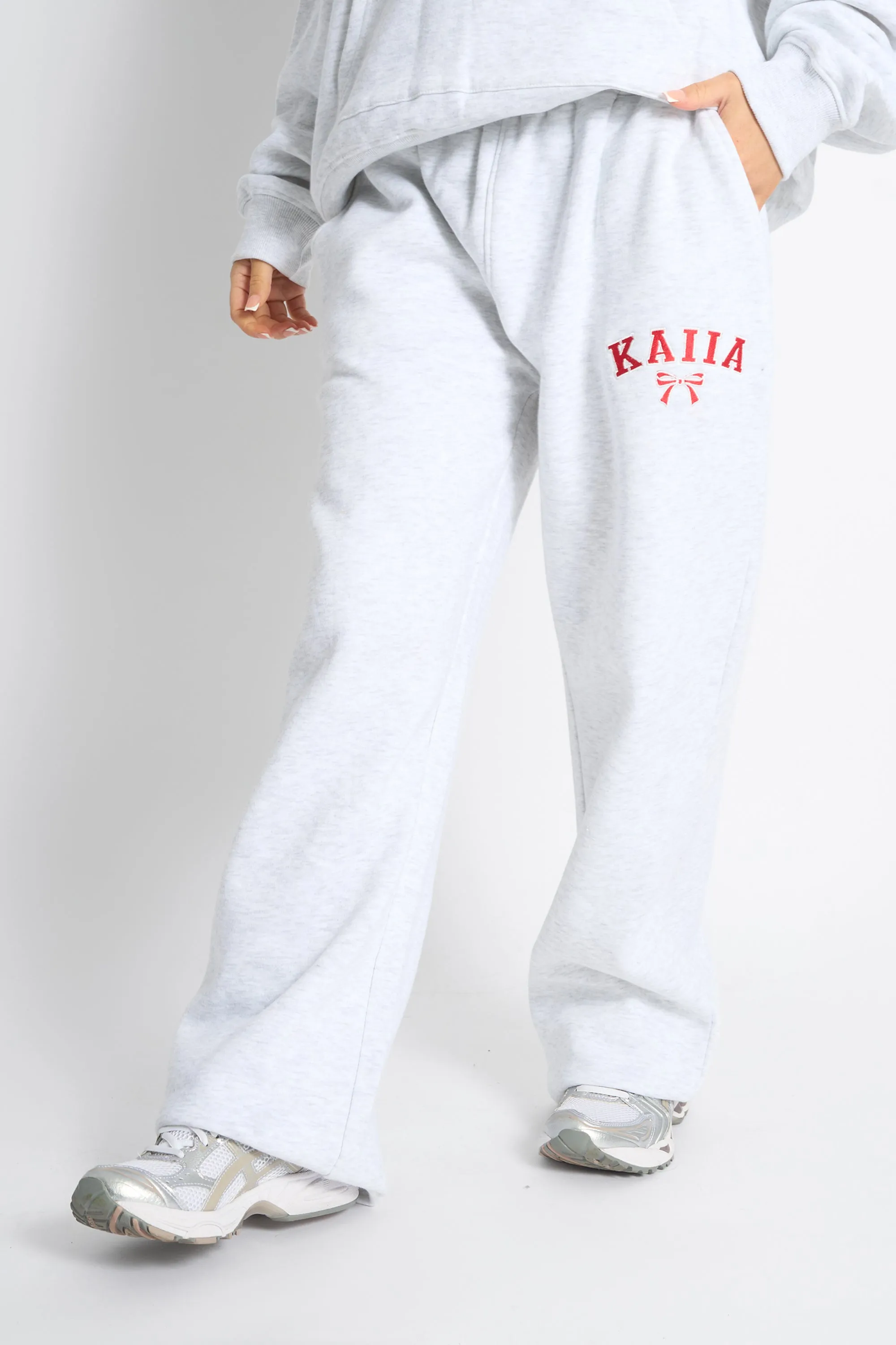 Kaiia Bow Embroidered Ribbed Waistband Wide Leg Joggers Light Grey Marl & Red sold by Kaiia the label product image thumbnail 2