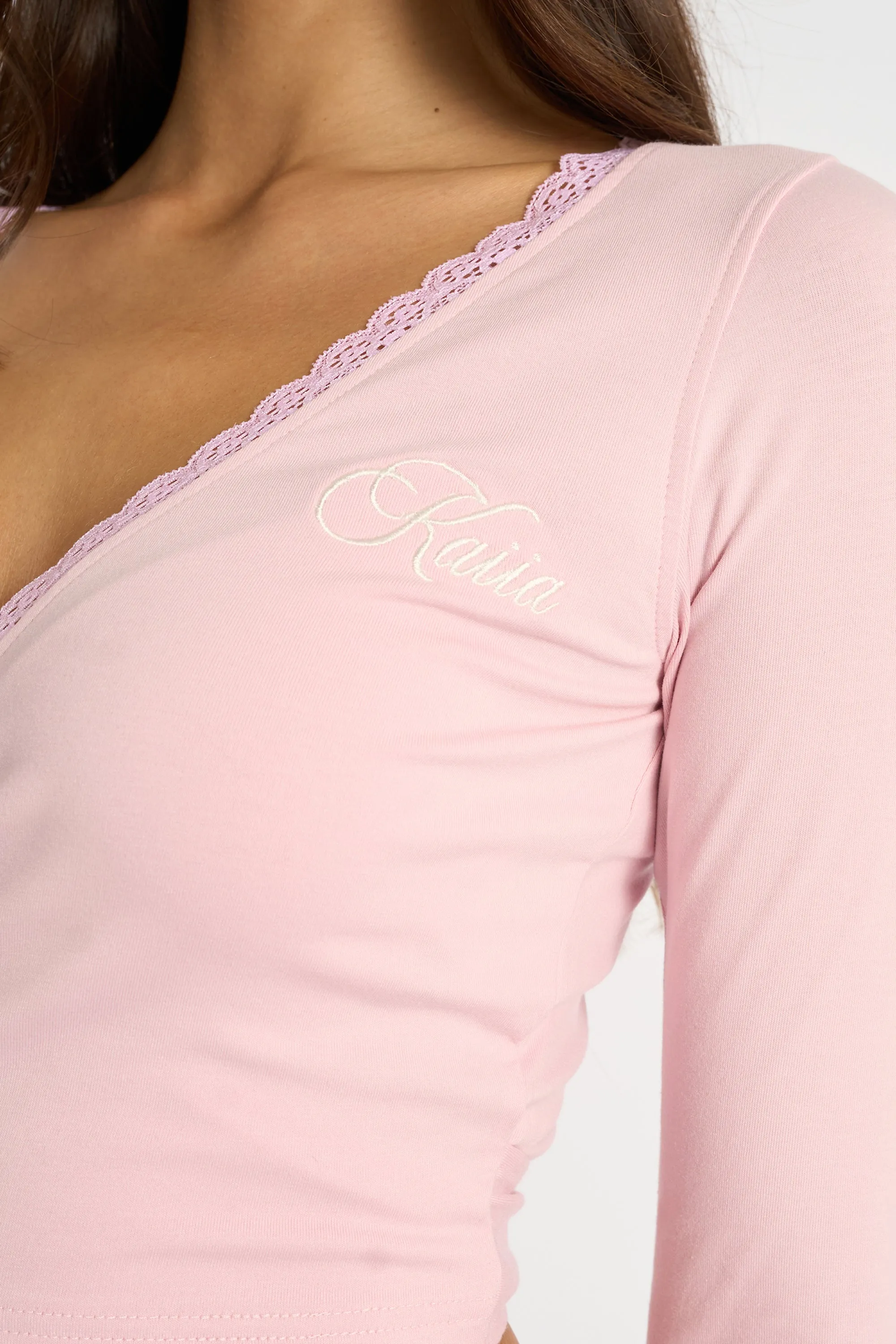 Kaiia Lace Trim Wrap Long Sleeve Top Pink sold by Kaiia the label product image thumbnail 4