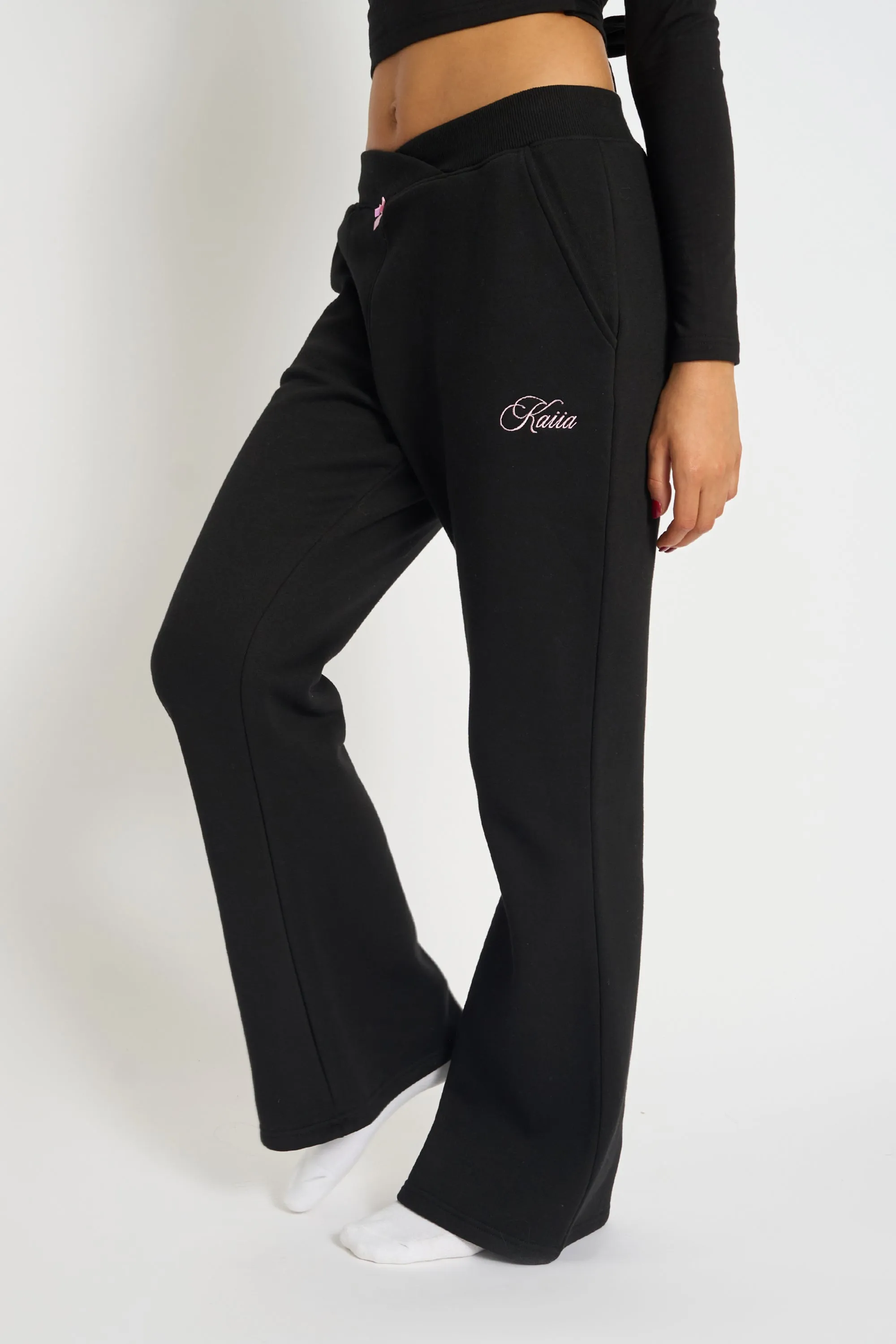 Kaiia Bow Detail Wide Leg Joggers Black & Pink sold by Kaiia the label product image thumbnail 2