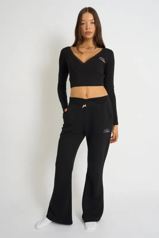 Kaiia Bow Detail Wide Leg Joggers Black & Pink made by Kaiia the label