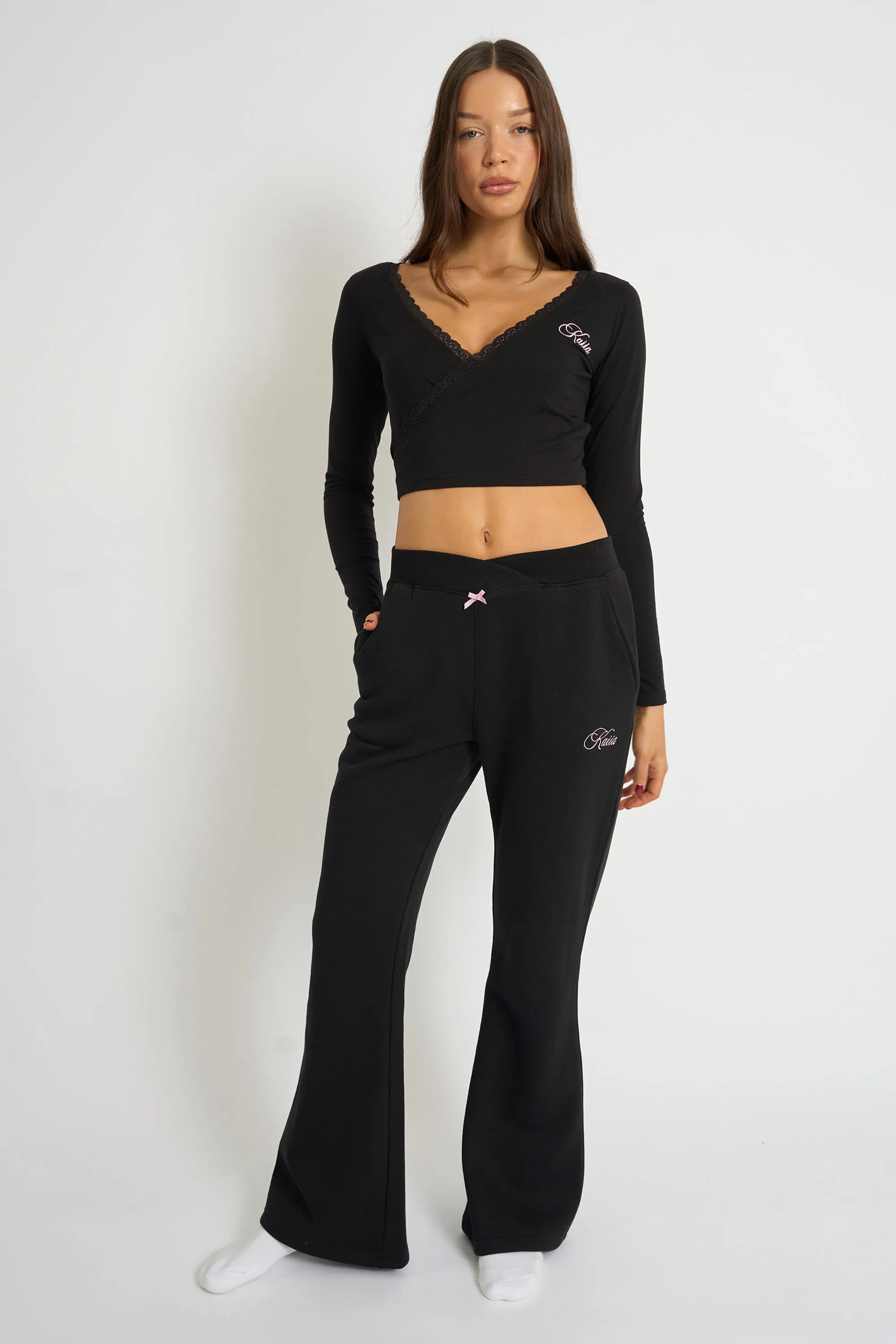 Kaiia Bow Detail Wide Leg Joggers Black & Pink sold by Kaiia the label