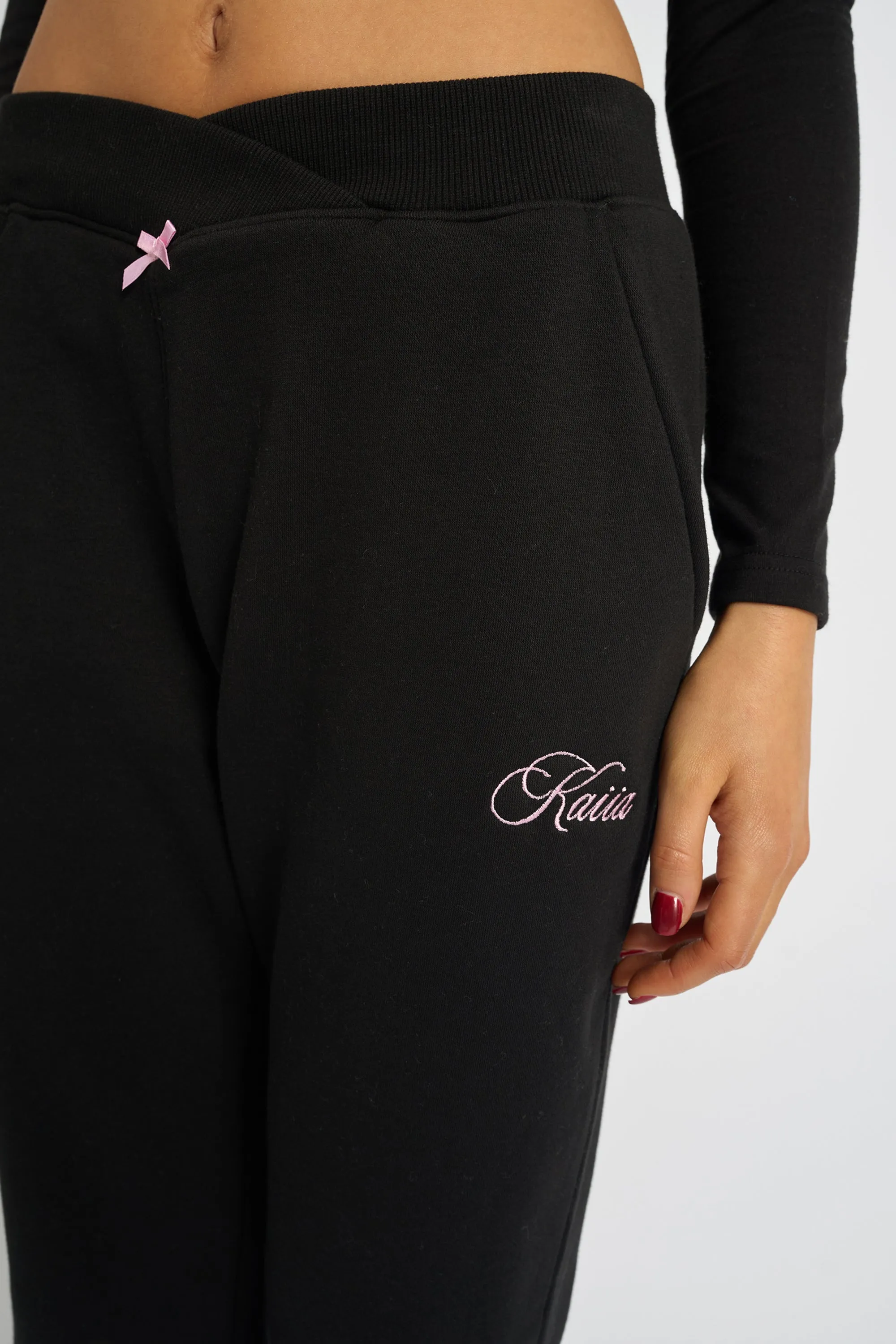 Kaiia Bow Detail Wide Leg Joggers Black & Pink sold by Kaiia the label product image thumbnail 4