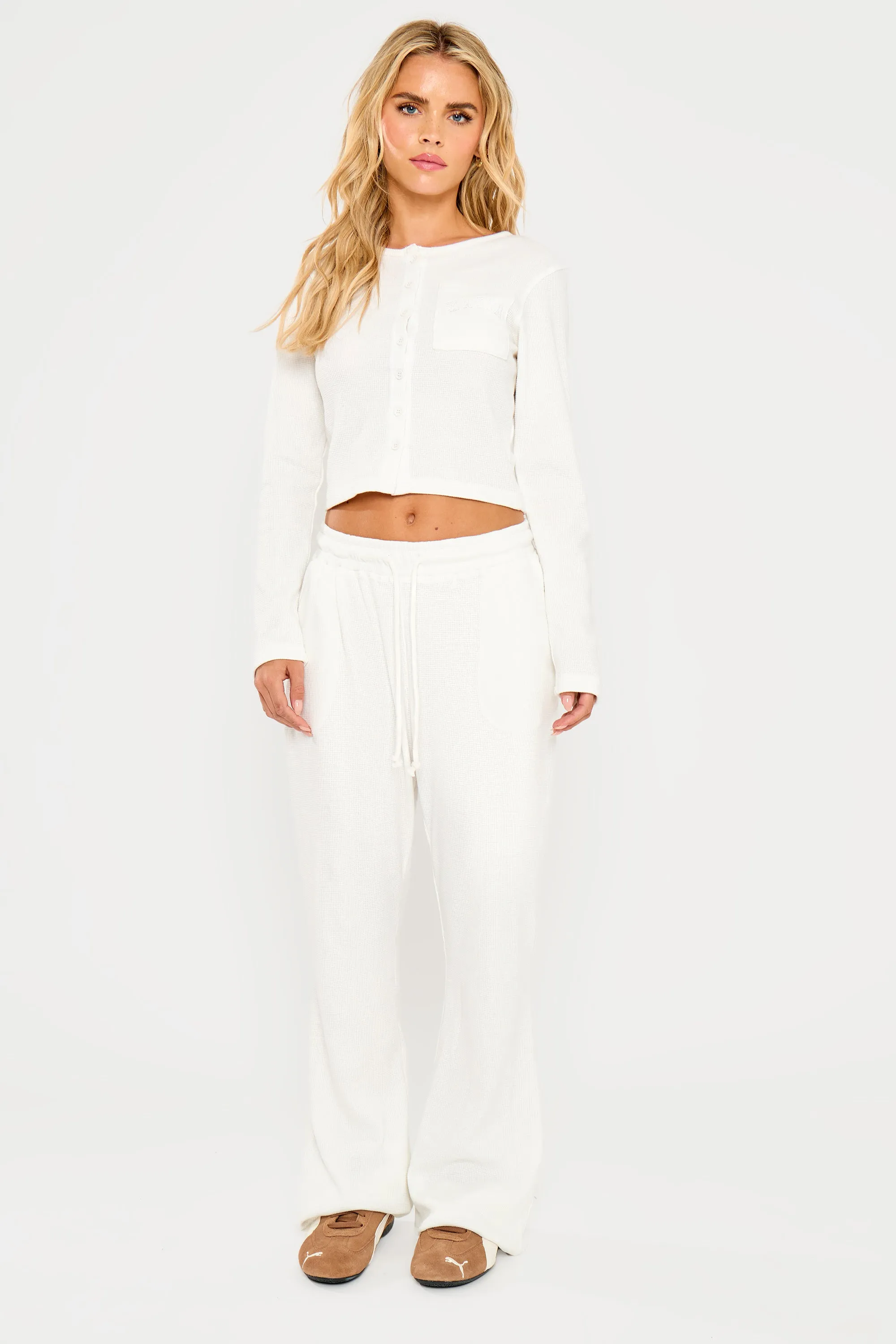 Kaiia Waffle Button Up Long Sleeve Top Cream sold by Kaiia the label product image thumbnail 3