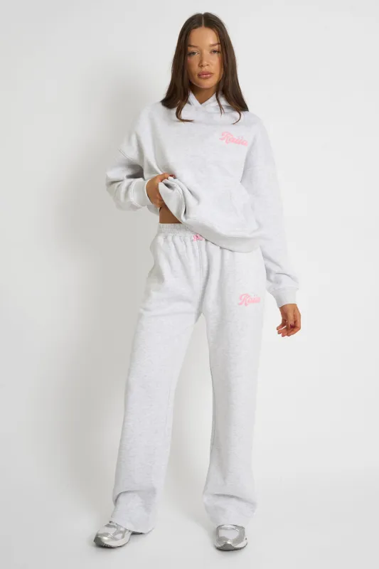 Kaiia Bubble Script Bow Detail Wide Leg Joggers Grey Marl & Pink made by Kaiia the label