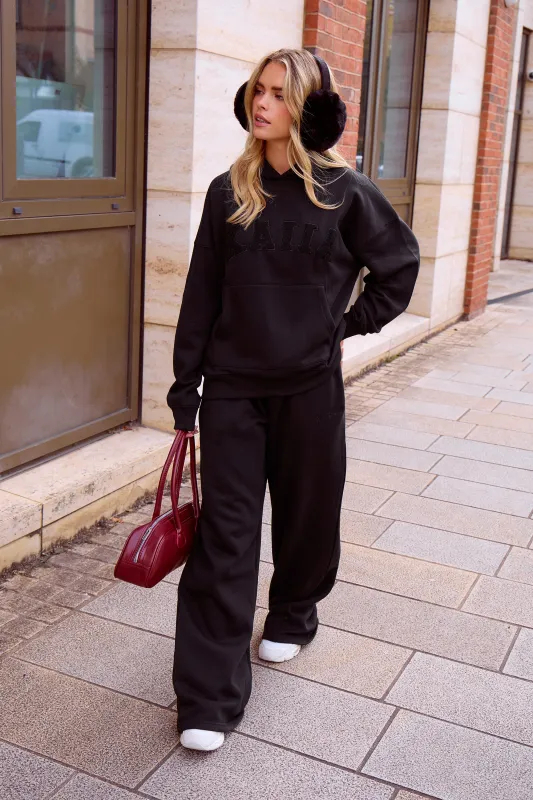 Kaiia Logo Wide Leg Joggers Black On Black made by Kaiia the label