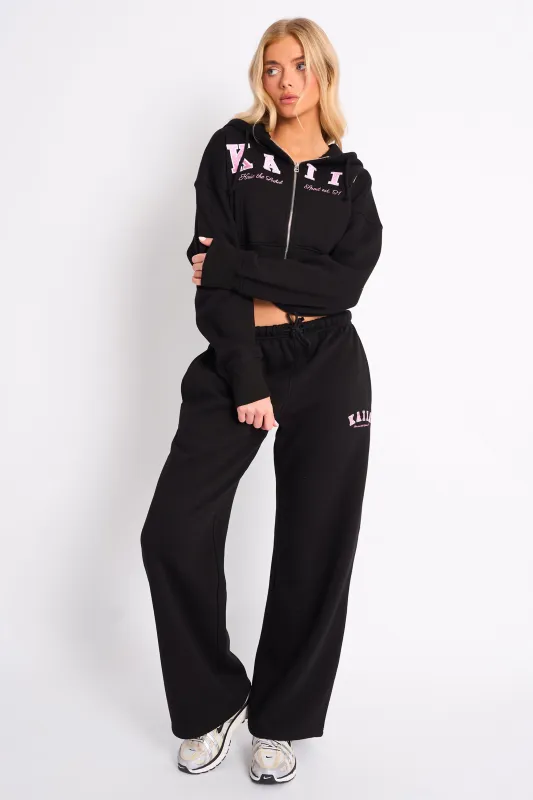 Kaiia Logo Wide Leg Joggers Black & Pink made by Kaiia the label