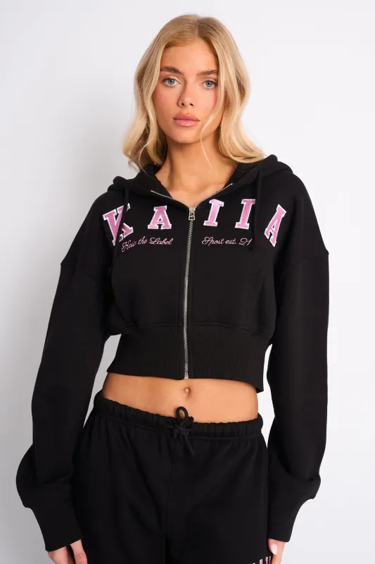 Kaiia Slogan Cropped Zip Up Hoodie Black & Pink made by Kaiia the label
