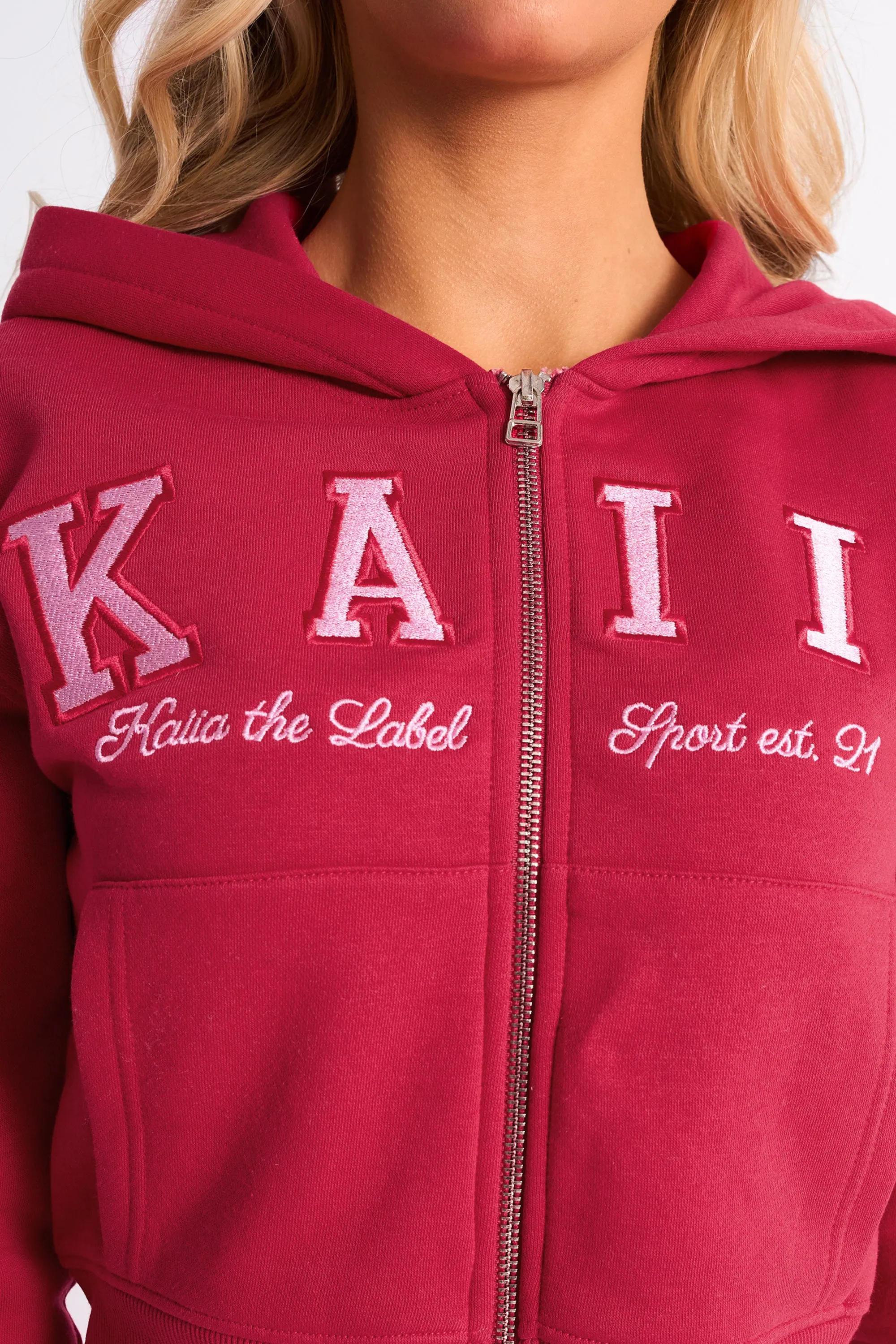Kaiia Slogan Cropped Zip Up Hoodie Cranberry & Pink sold by Kaiia the label product image thumbnail 2