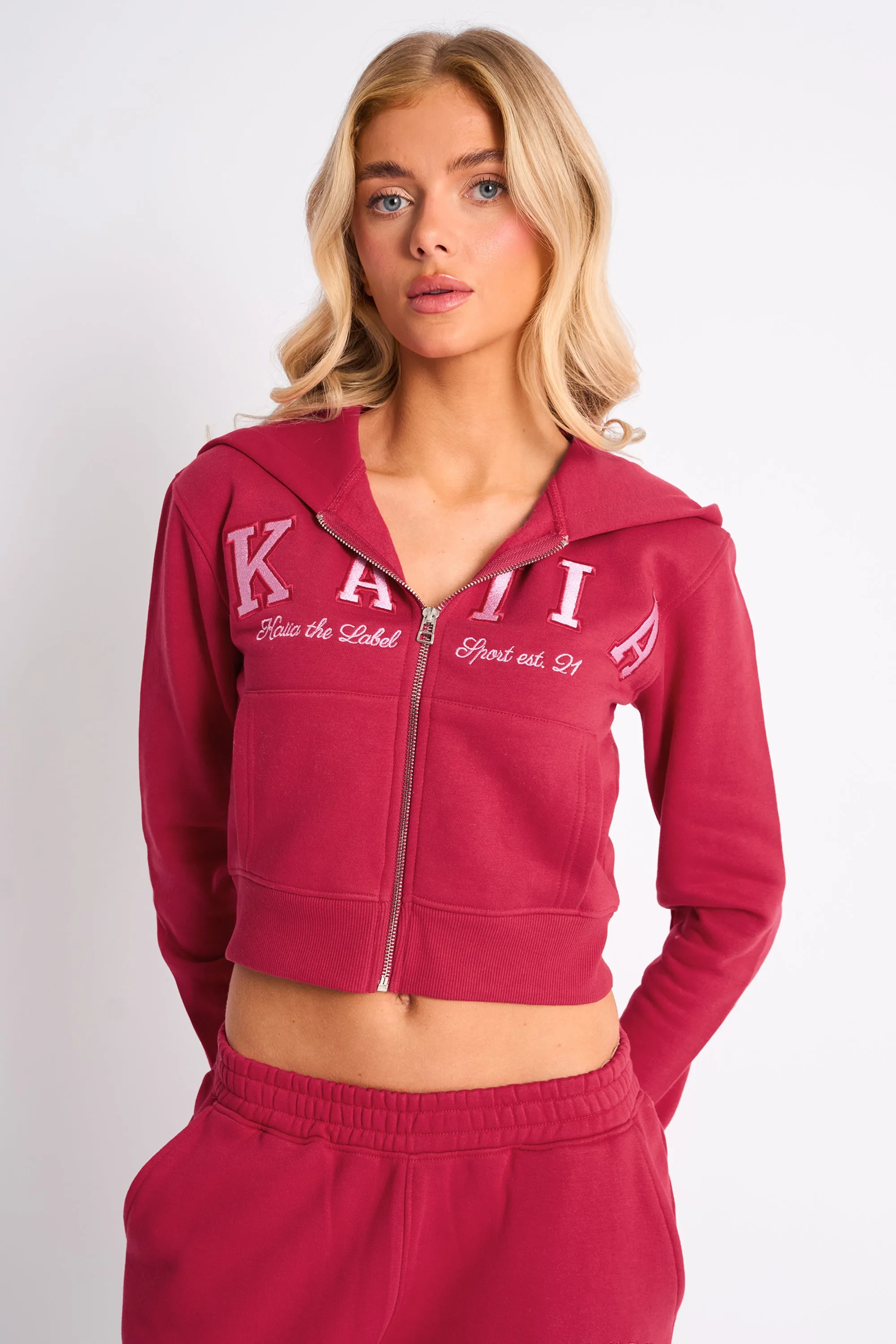 Kaiia Slogan Cropped Zip Up Hoodie Cranberry & Pink sold by Kaiia the label