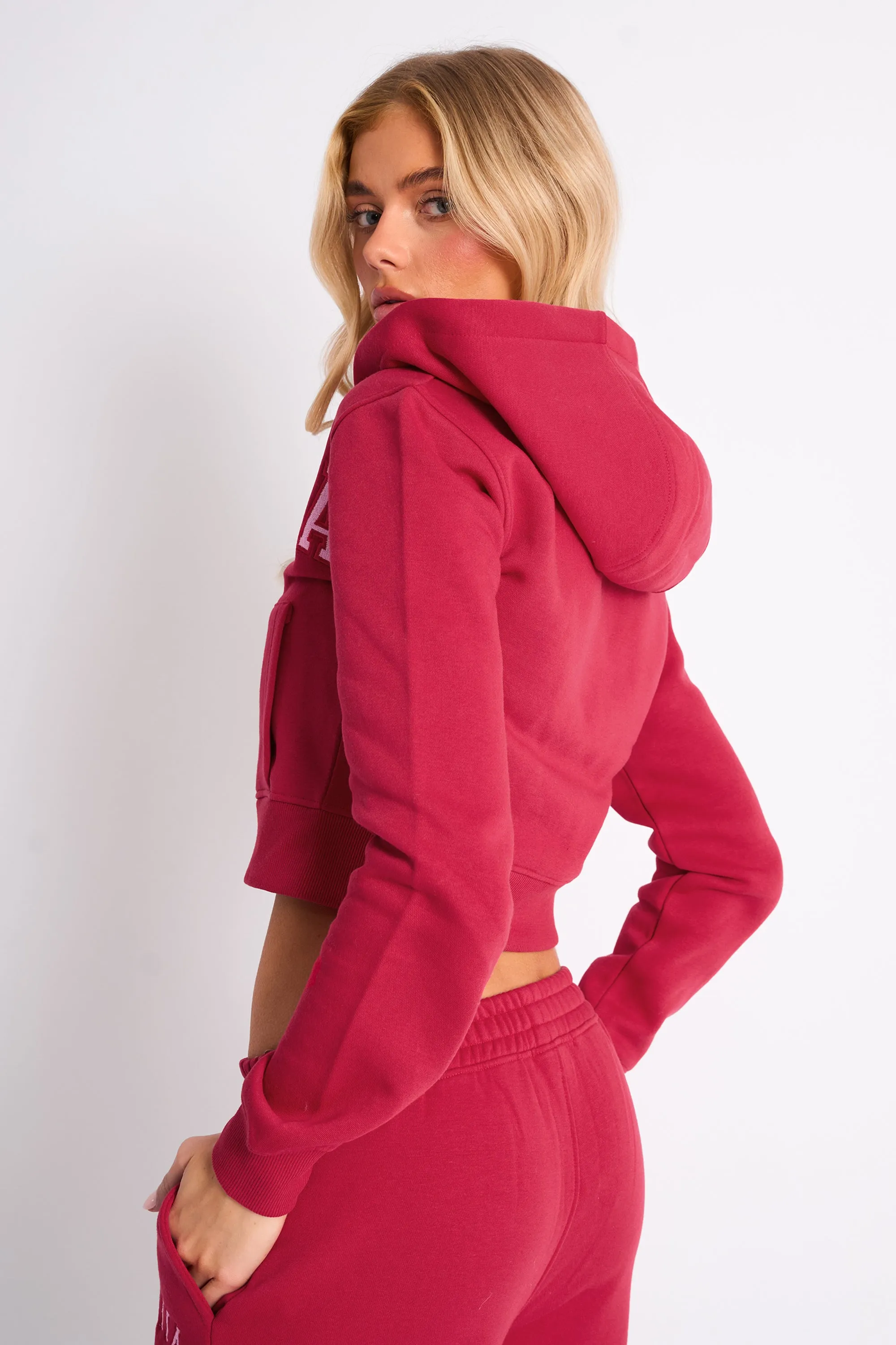 Kaiia Slogan Cropped Zip Up Hoodie Cranberry & Pink sold by Kaiia the label product image thumbnail 4