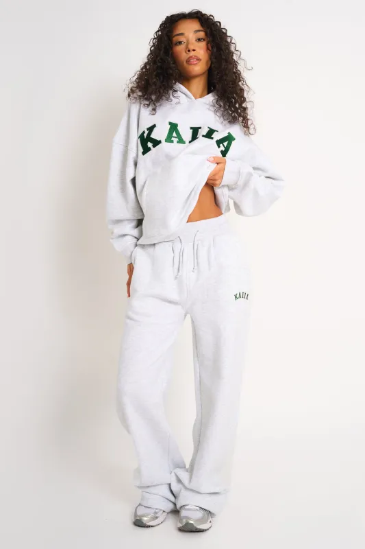 Kaiia Ribbed Waistband Wide Leg Joggers Light Grey Marl & Forest Green made by Kaiia the label