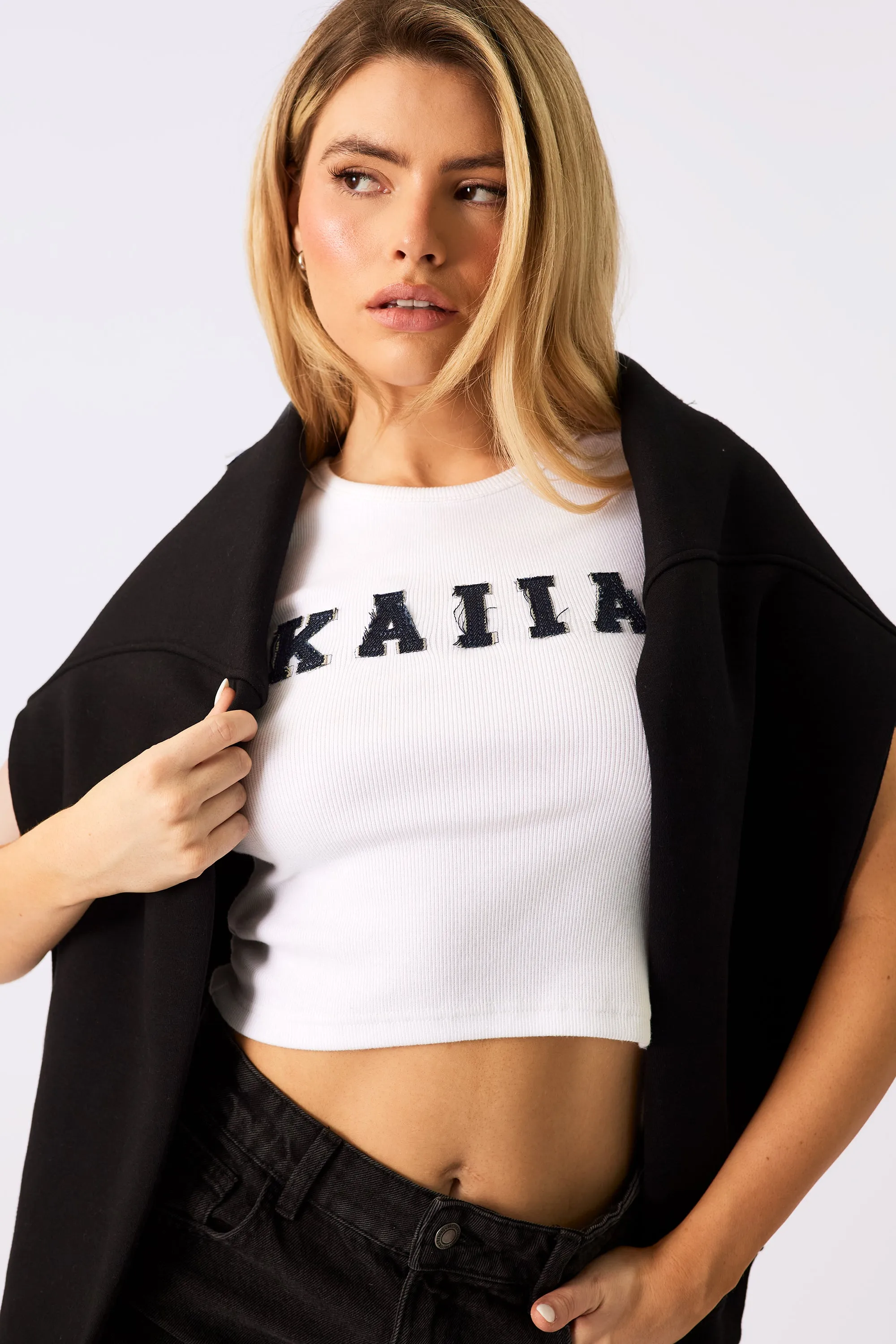 Kaiia Logo Denim Applique Ribbed Vest Top White sold by Kaiia the label product image thumbnail 4