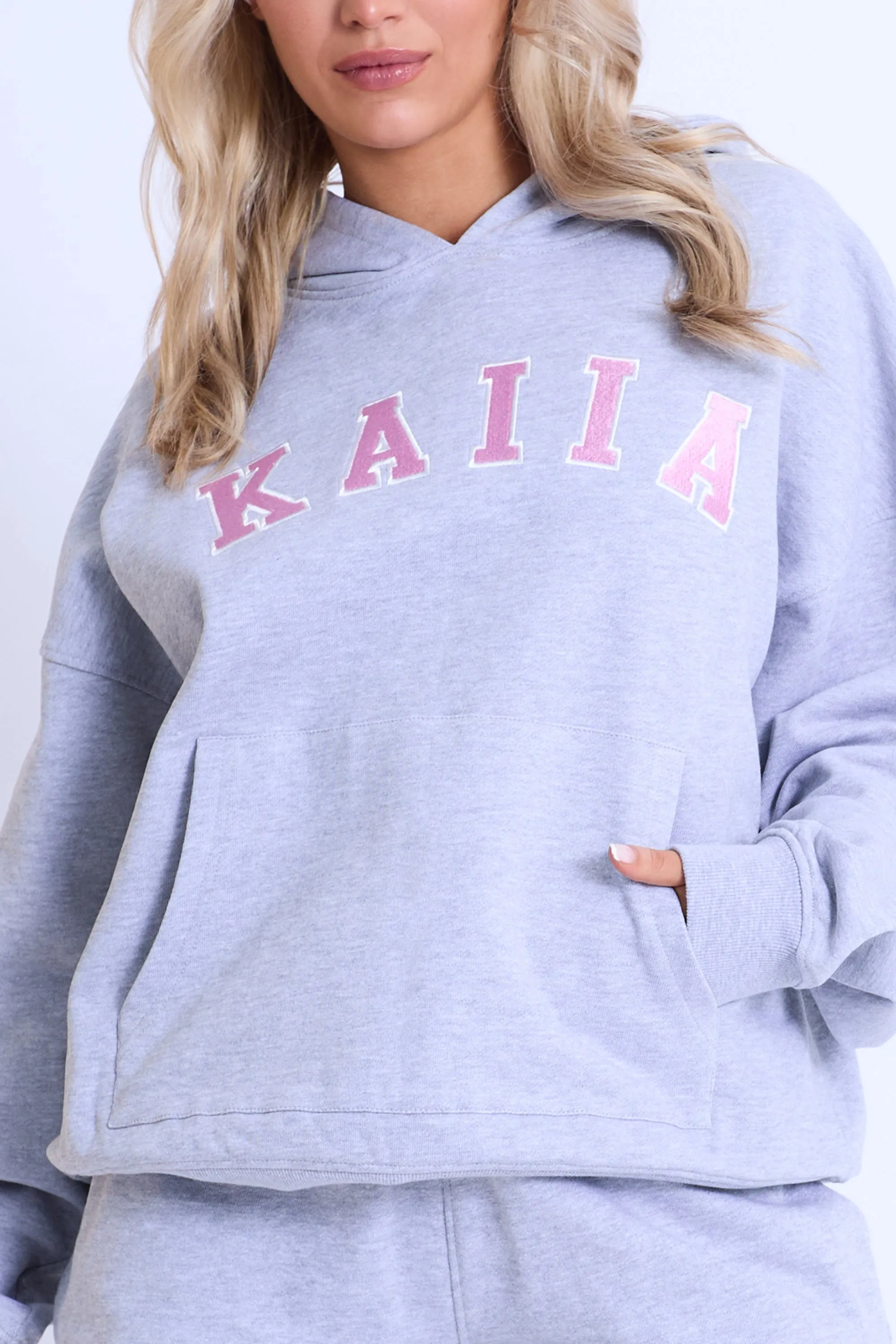 Kaiia Slogan Oversized Hoodie Grey Marl & Pink sold by Kaiia the label product image thumbnail 2