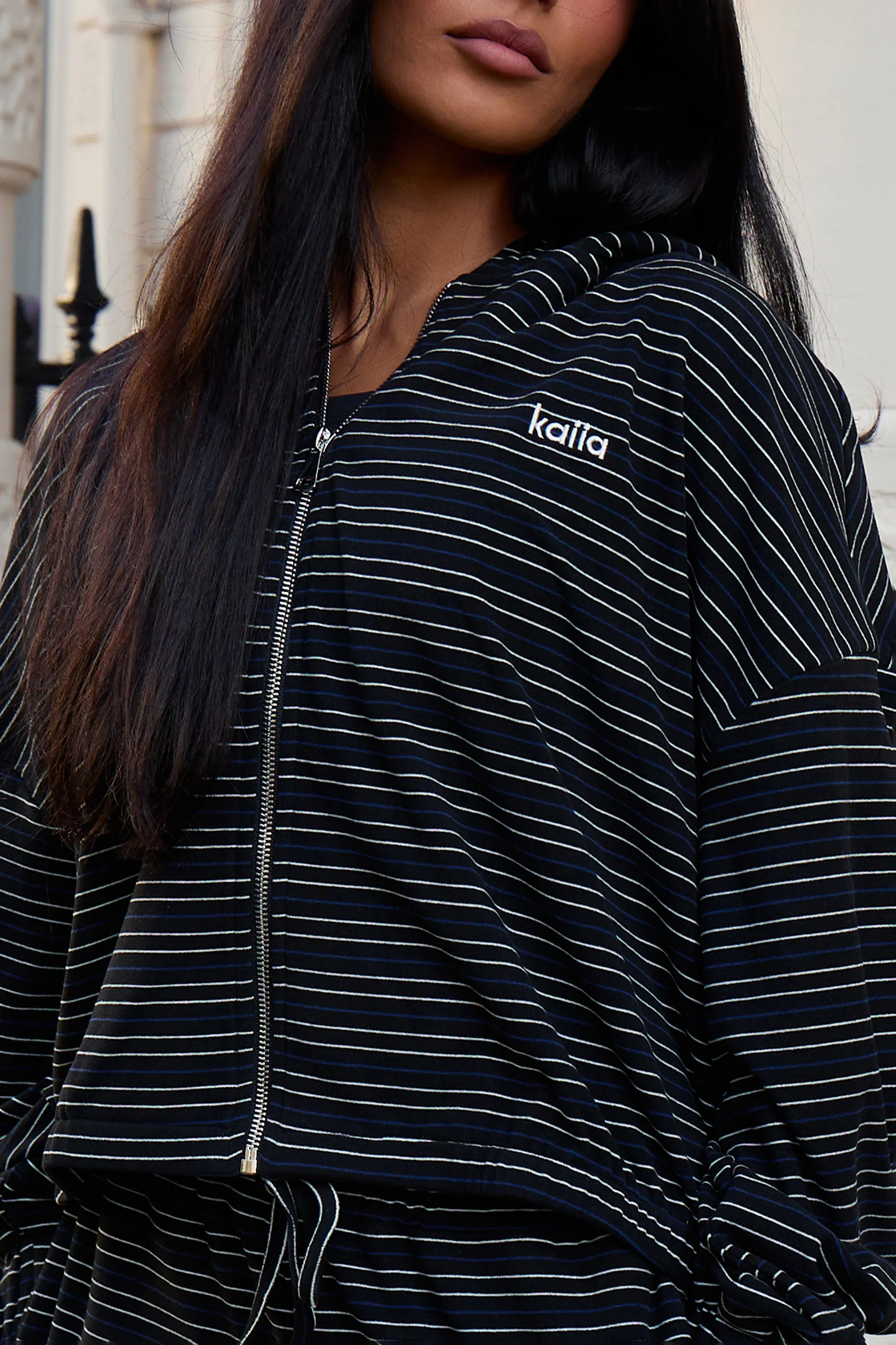 Kaiia Striped Fleece Oversized Zip Through Hoodie Navy & Cream sold by Kaiia the label product image thumbnail 3