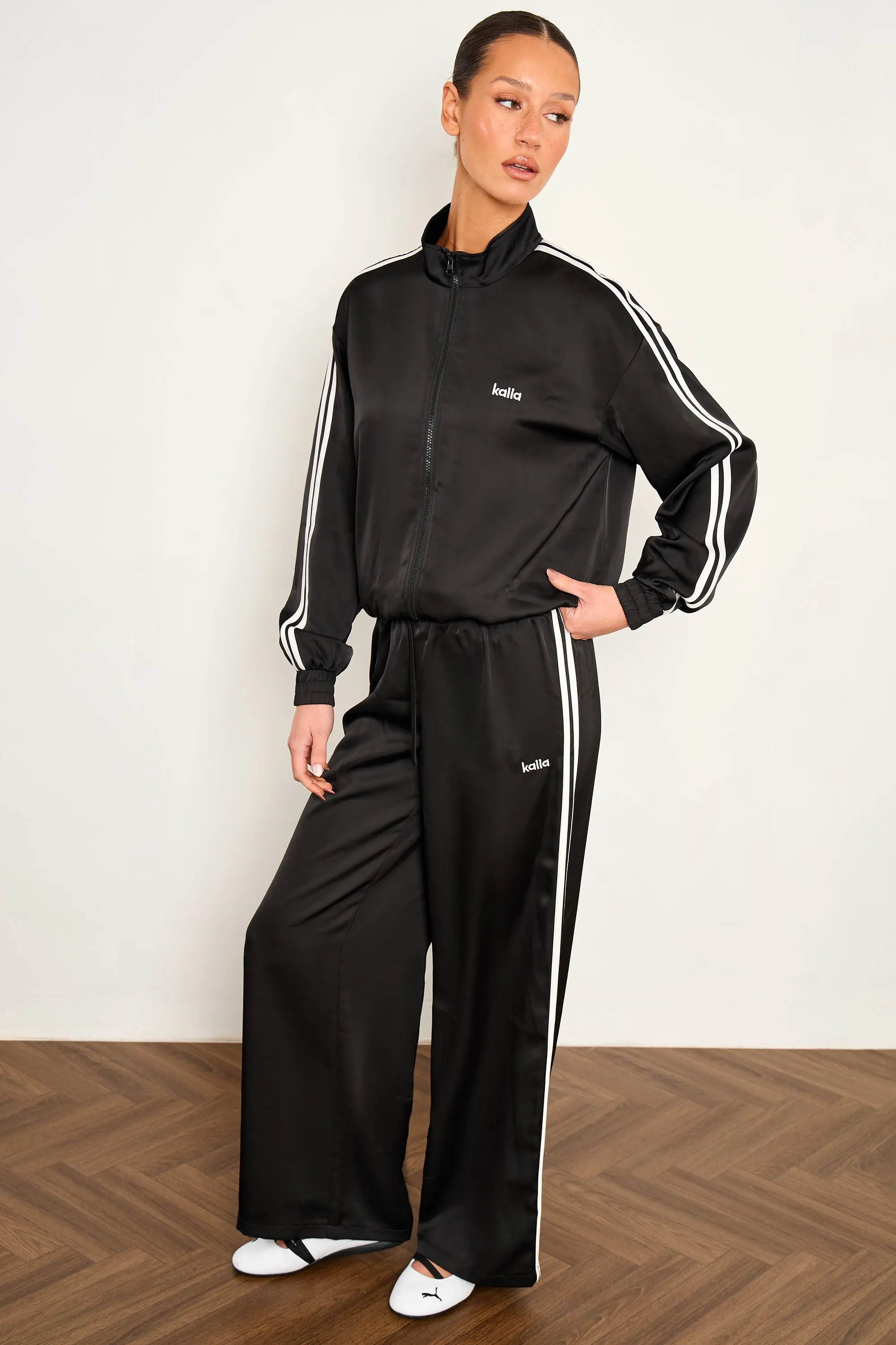 Kaiia Satin Side Stripe Zip Up Jacket Black & White sold by Kaiia the label product image thumbnail 2