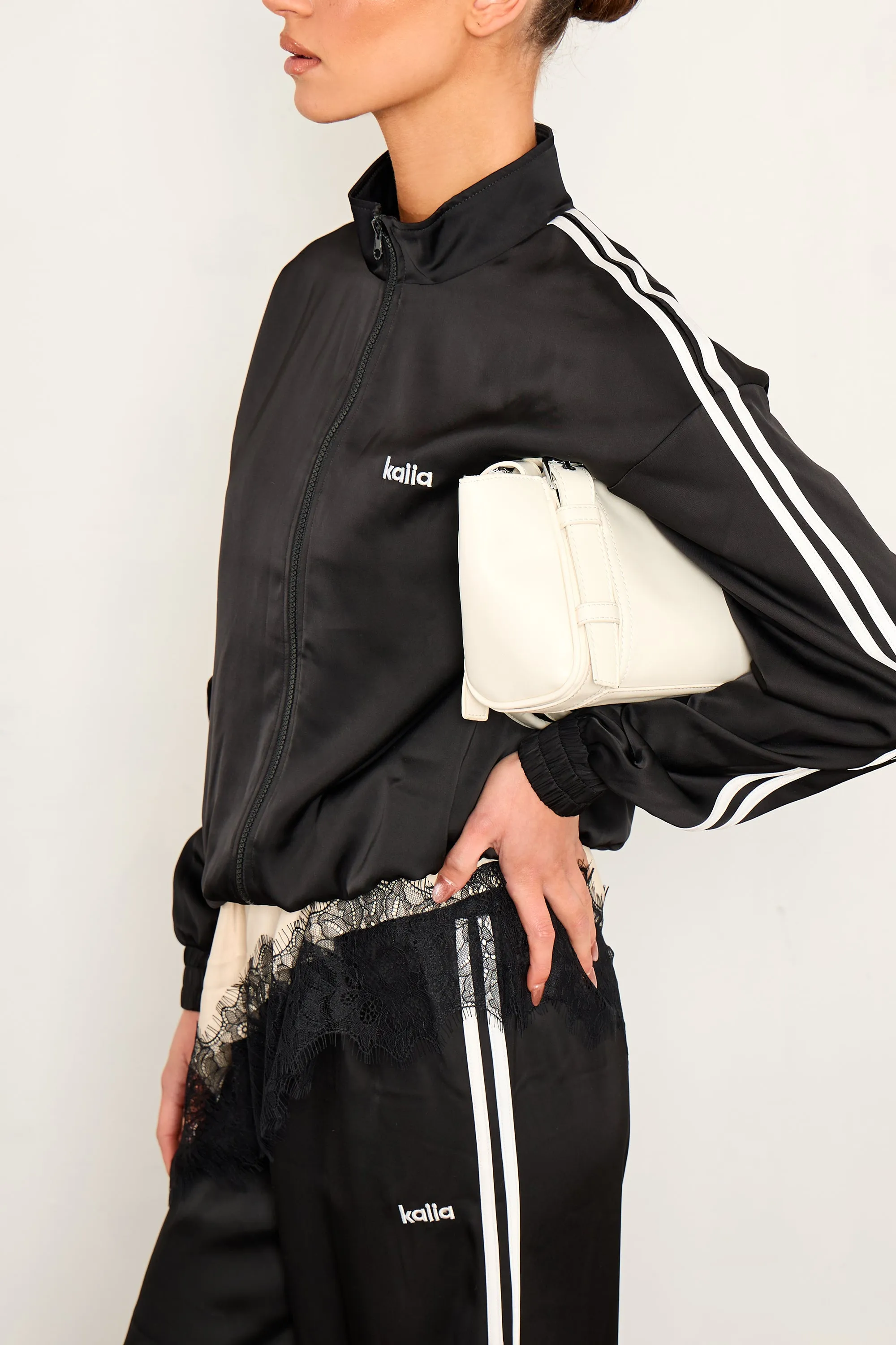 Kaiia Satin Side Stripe Zip Up Jacket Black & White sold by Kaiia the label product image thumbnail 4