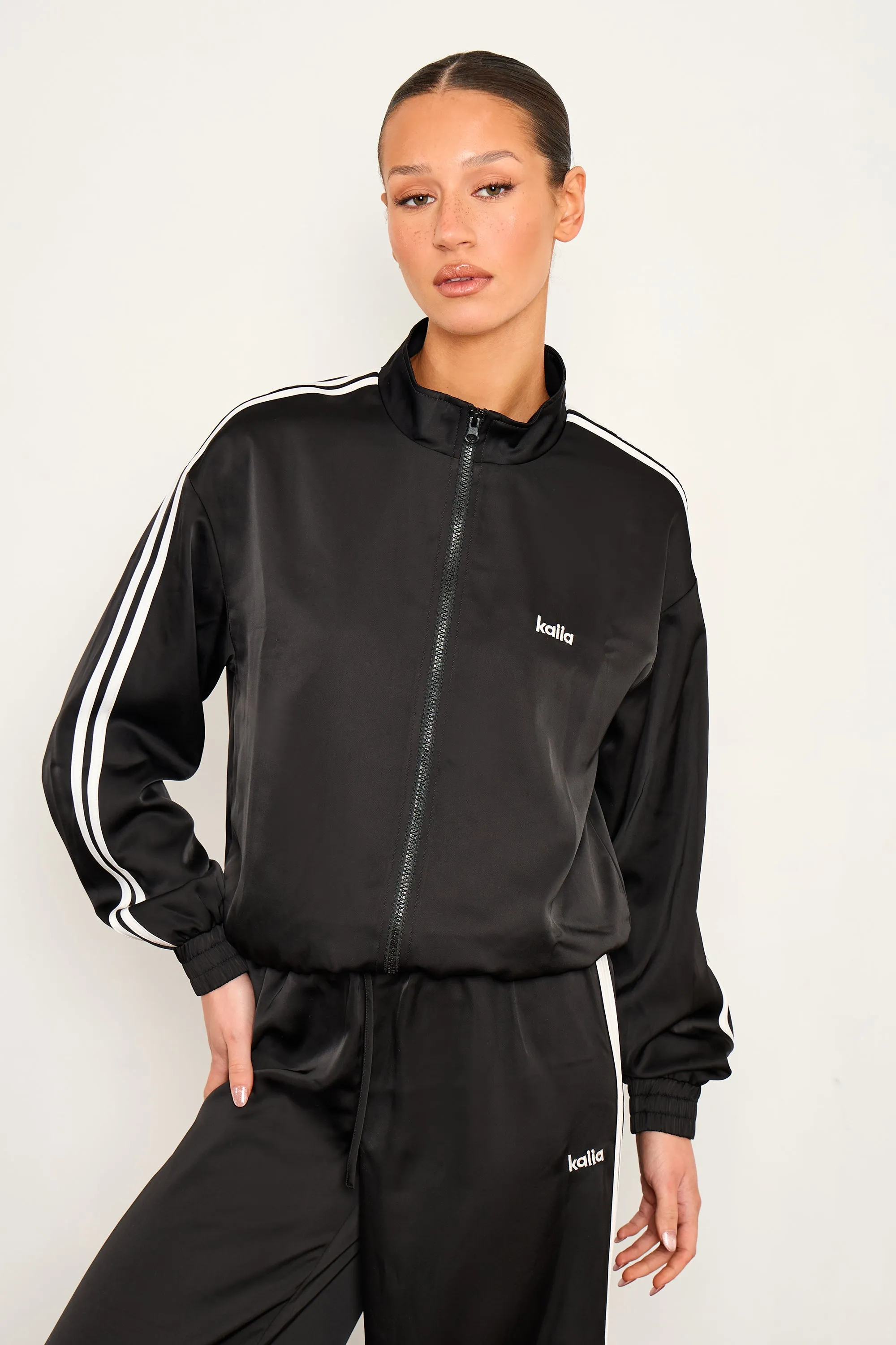 Kaiia Satin Side Stripe Zip Up Jacket Black & White sold by Kaiia the label