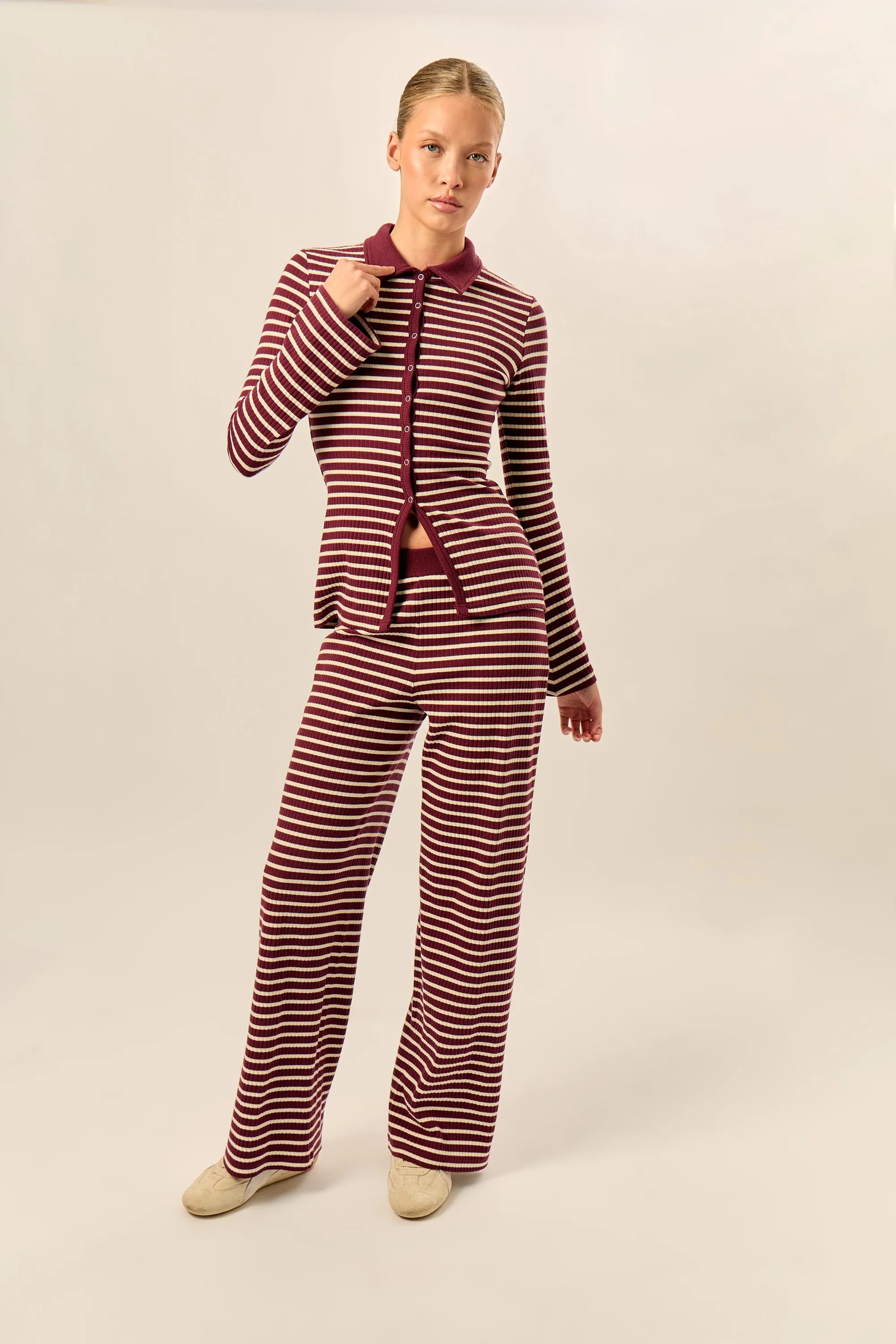 Kaiia Stripe Ribbed Button Down Top Dark Cherry & Cream sold by Kaiia the label product image thumbnail 2