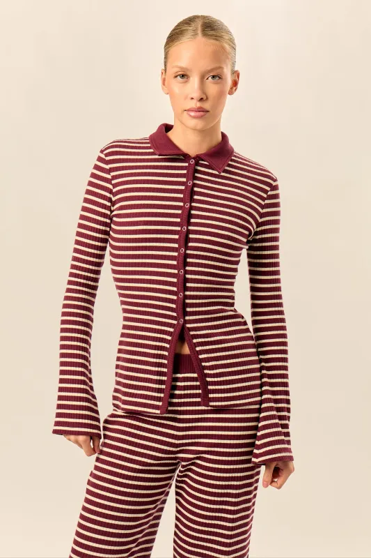 Kaiia Stripe Ribbed Button Down Top Dark Cherry & Cream made by Kaiia the label