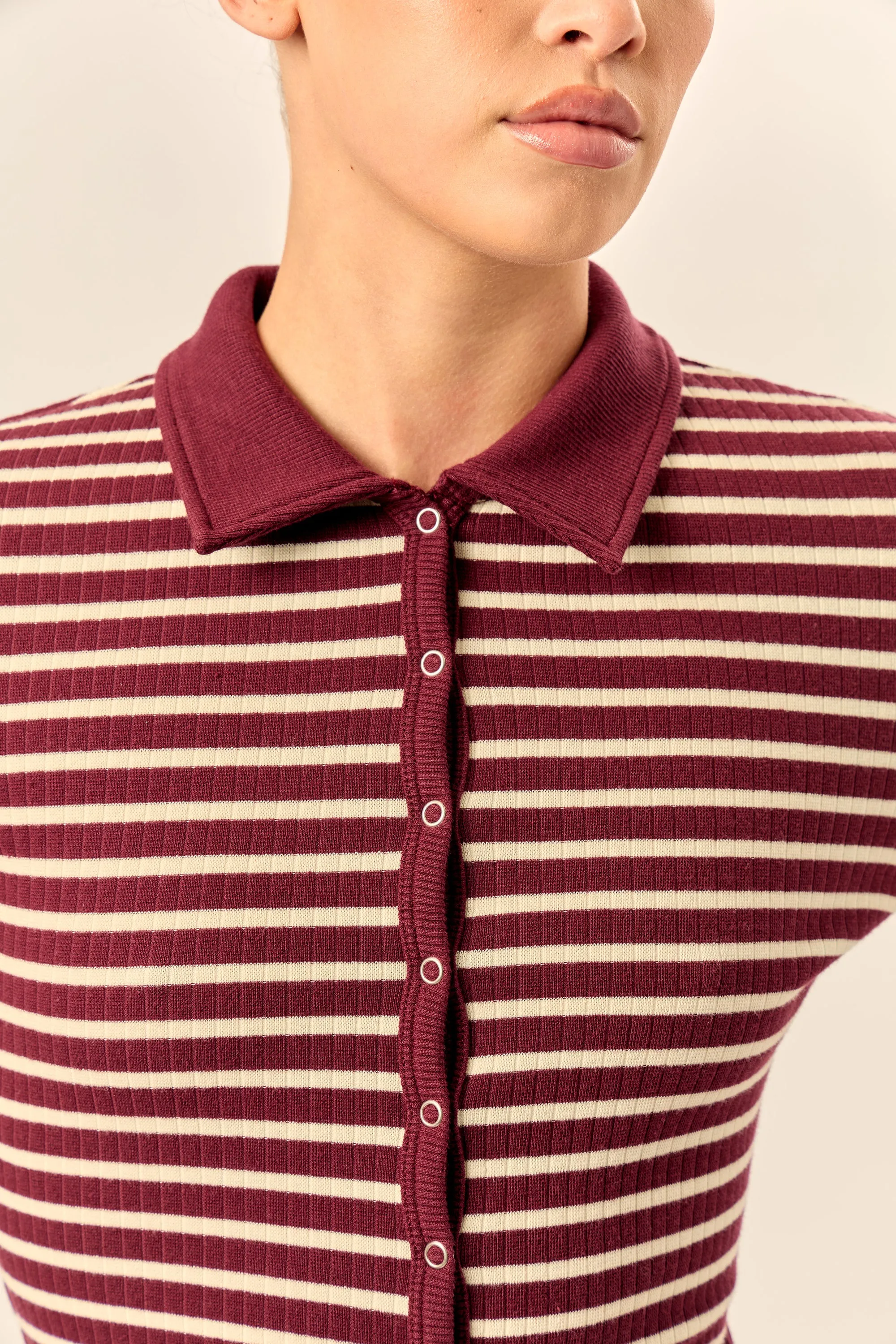 Kaiia Stripe Ribbed Button Down Top Dark Cherry & Cream sold by Kaiia the label product image thumbnail 4