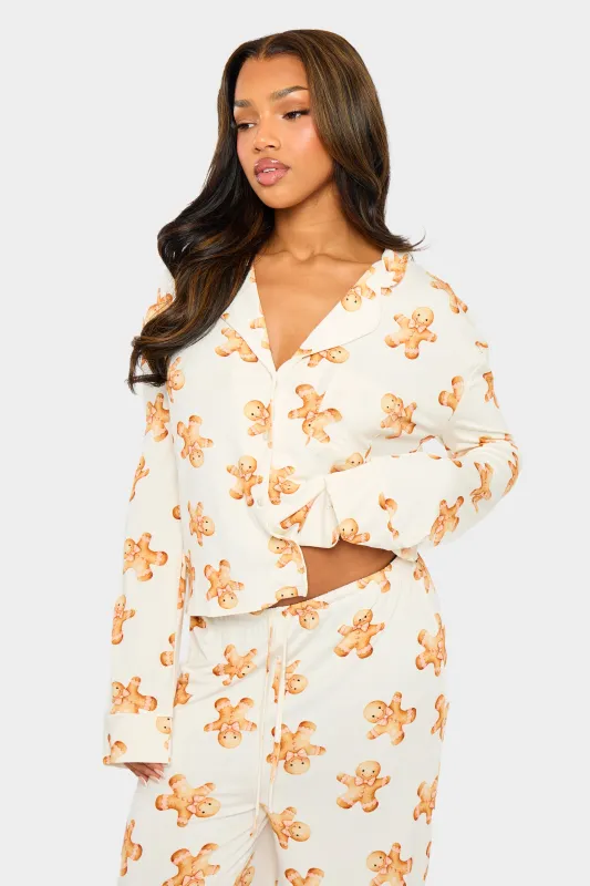 Kaiia Supersoft Gingerbread Slouchy Button Up Pyjama Shirt Cream & Brown made by Kaiia the label